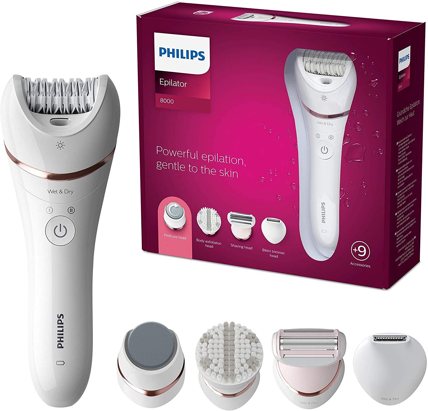 Philips Series 8000 Epilator, Wet and Dry Cordless Hair Removal and Skin Care System, For Legs, Body with 9 Accessories In...