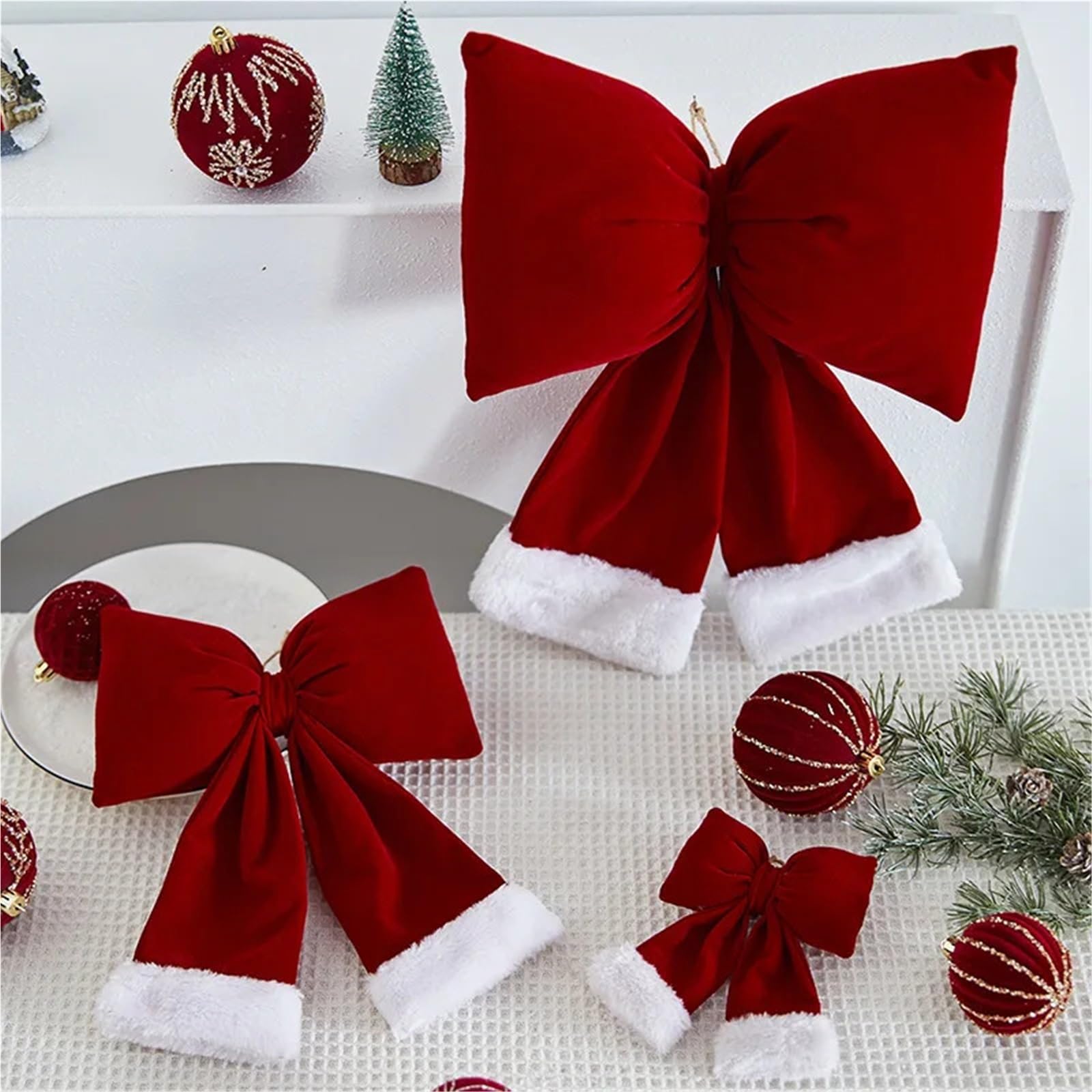 Lazos para Bowknot Terciopelo Rojo Tridimensional Arco decoración Colgante Adorno de Fiesta en casa(L)