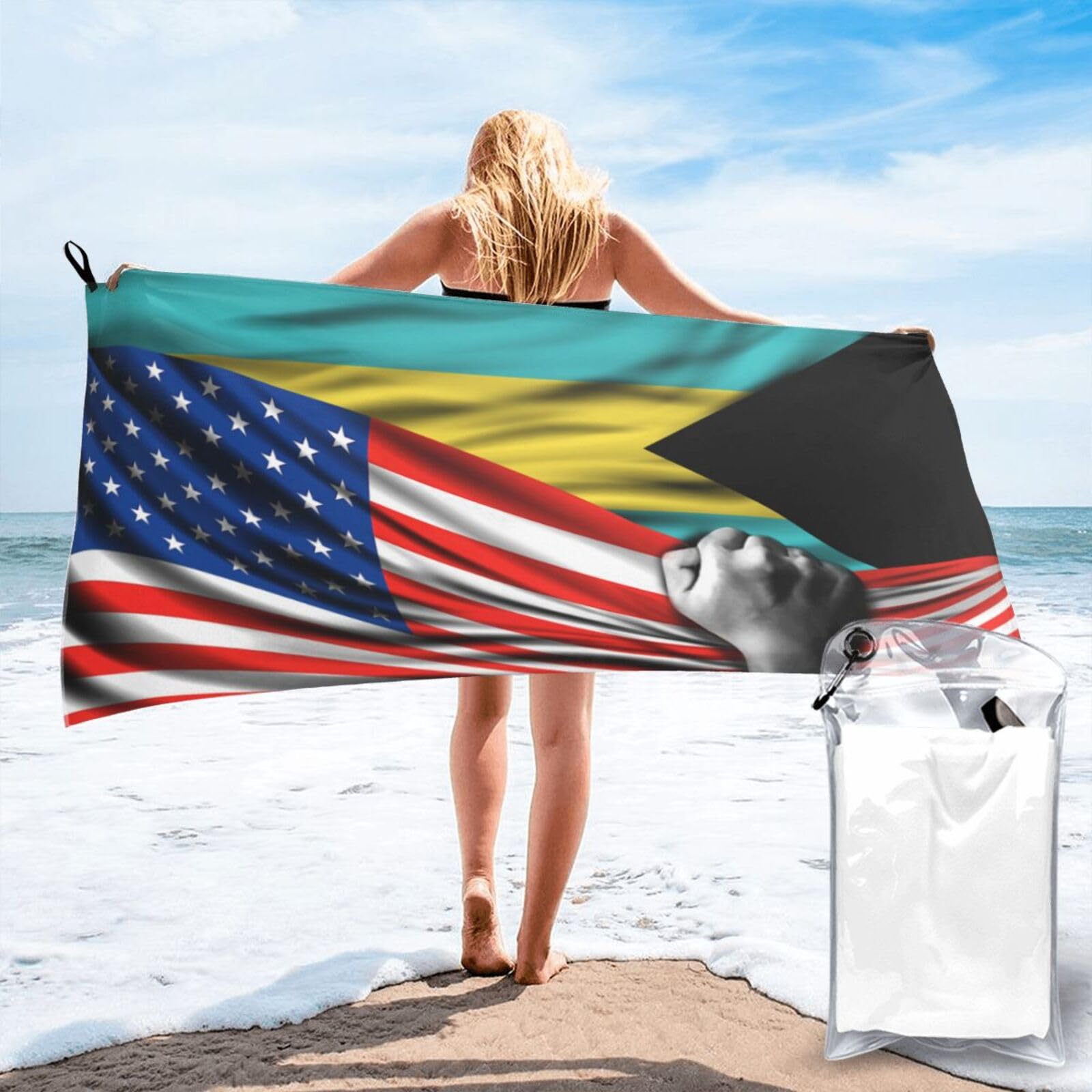HACXZ Beach Towel America Flag and Bahamas Flag Microfiber Beach Towel Lightweight Absorbent 27.5"X55"