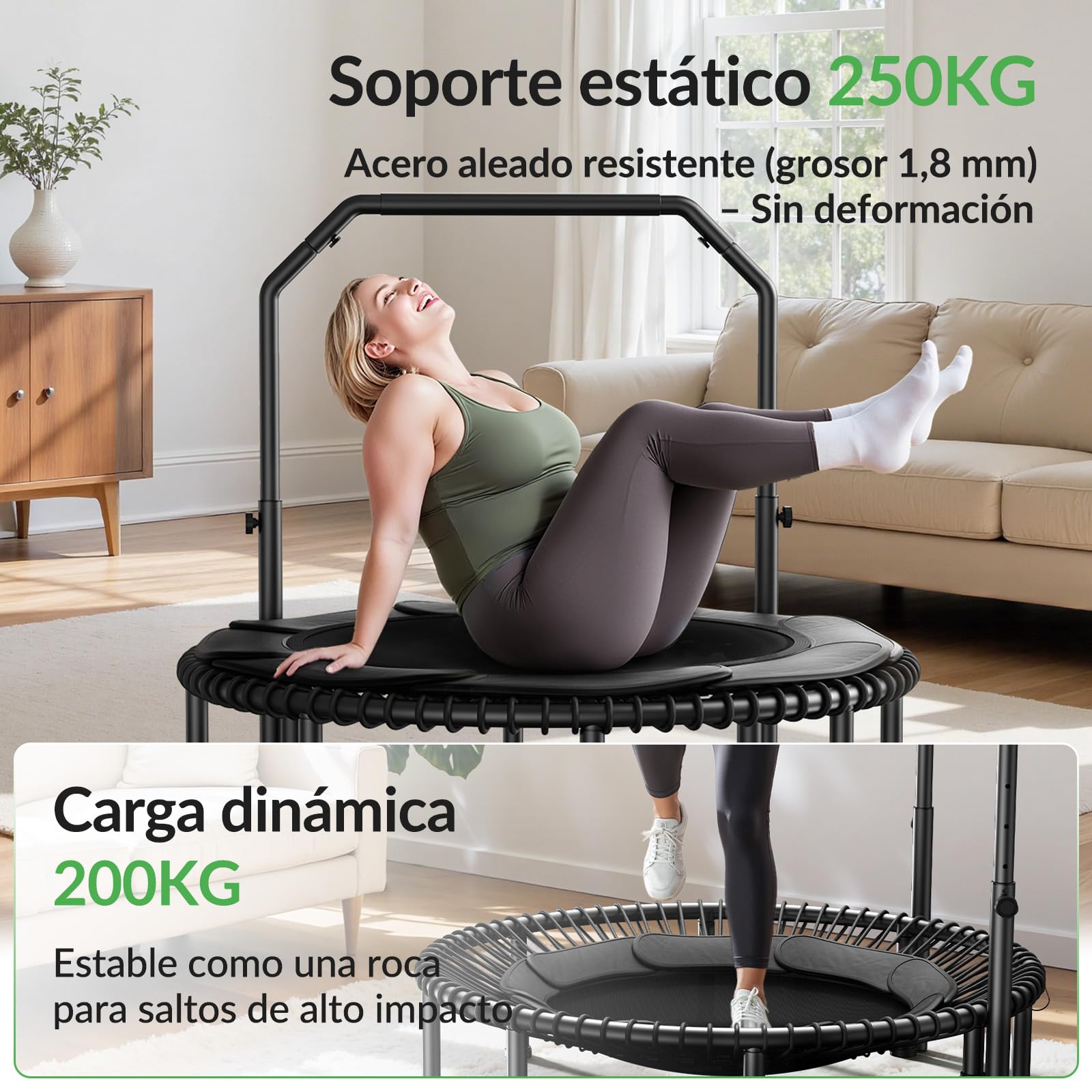 Cama elástica BCAN de 102/122 cm para Adultos, Capacidad de Carga de 204/250 kg, con Cuerdas elásticas, Manillar Ajustable, Estable, silenciosa, para Uso Interior/Exterior.