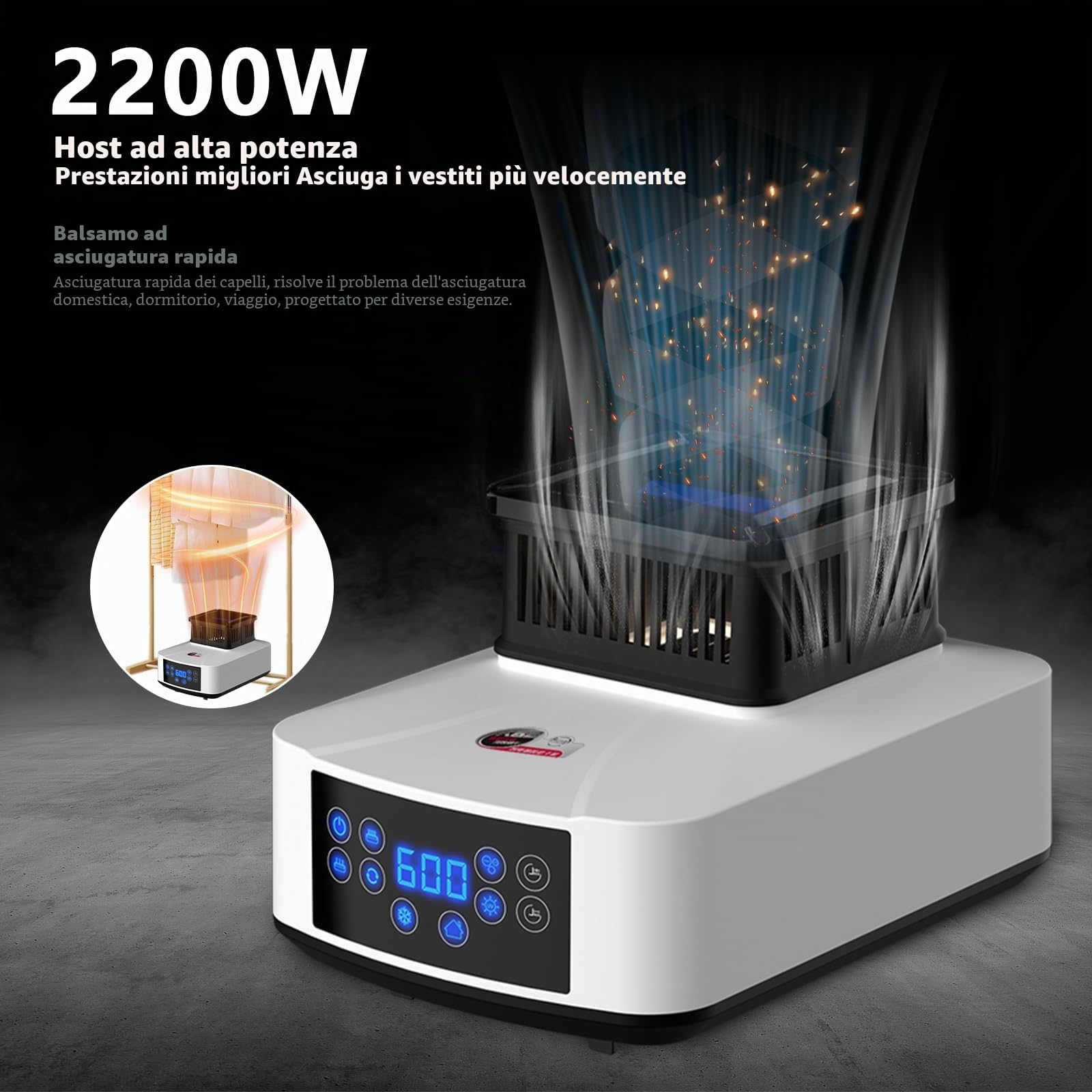 Asciugatrice elettrica, 2200 W, con telecomando, 60 – 240 minuti, per dormitori, appartamenti (bianco)