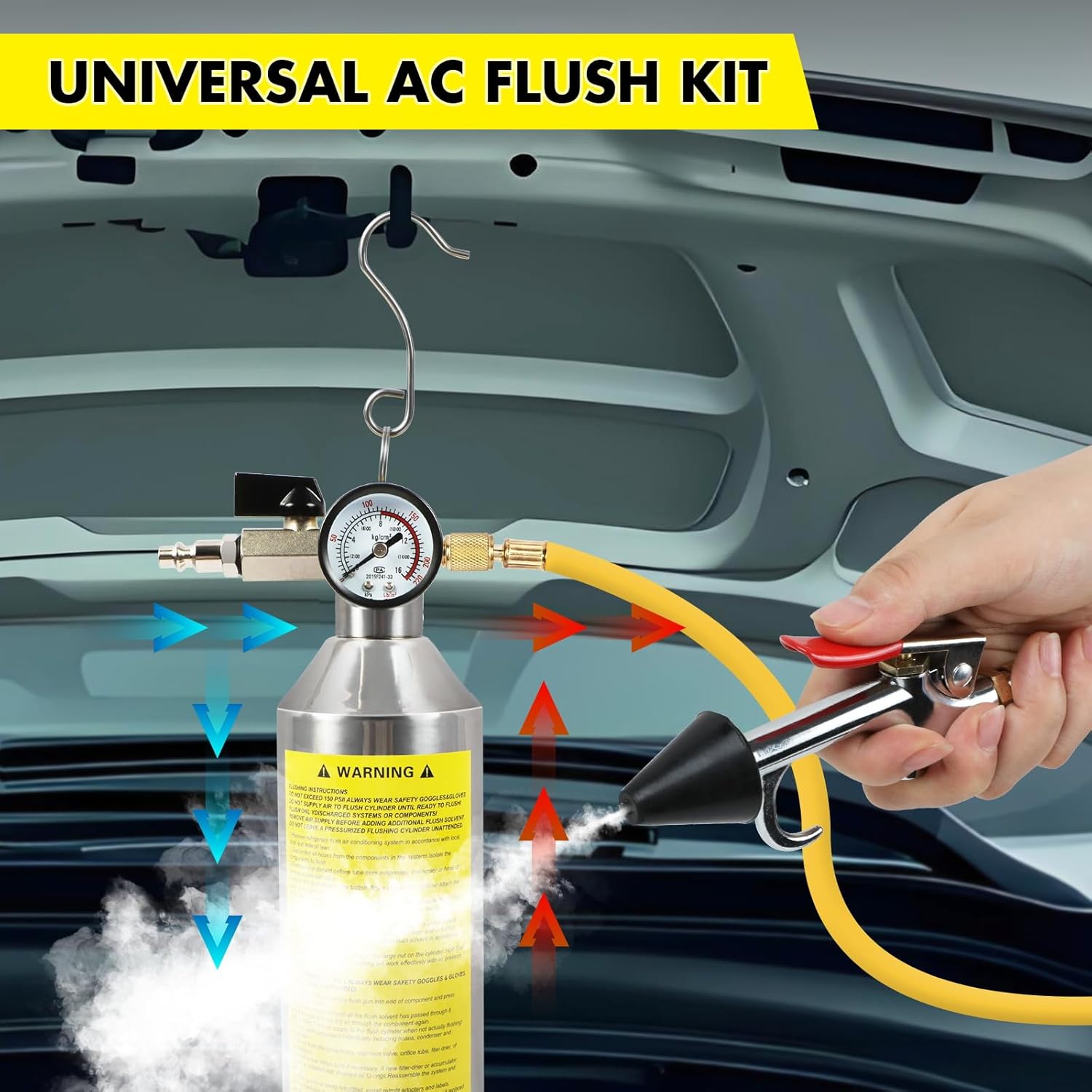 AC Flush Kit for Auto & Home AC Systems - Air Conditioning Cleaning Tool Set with Pressure Gauge, Nylon Hose & Stainless Canister for R134a/R12/R22/R410a Refrigerants
