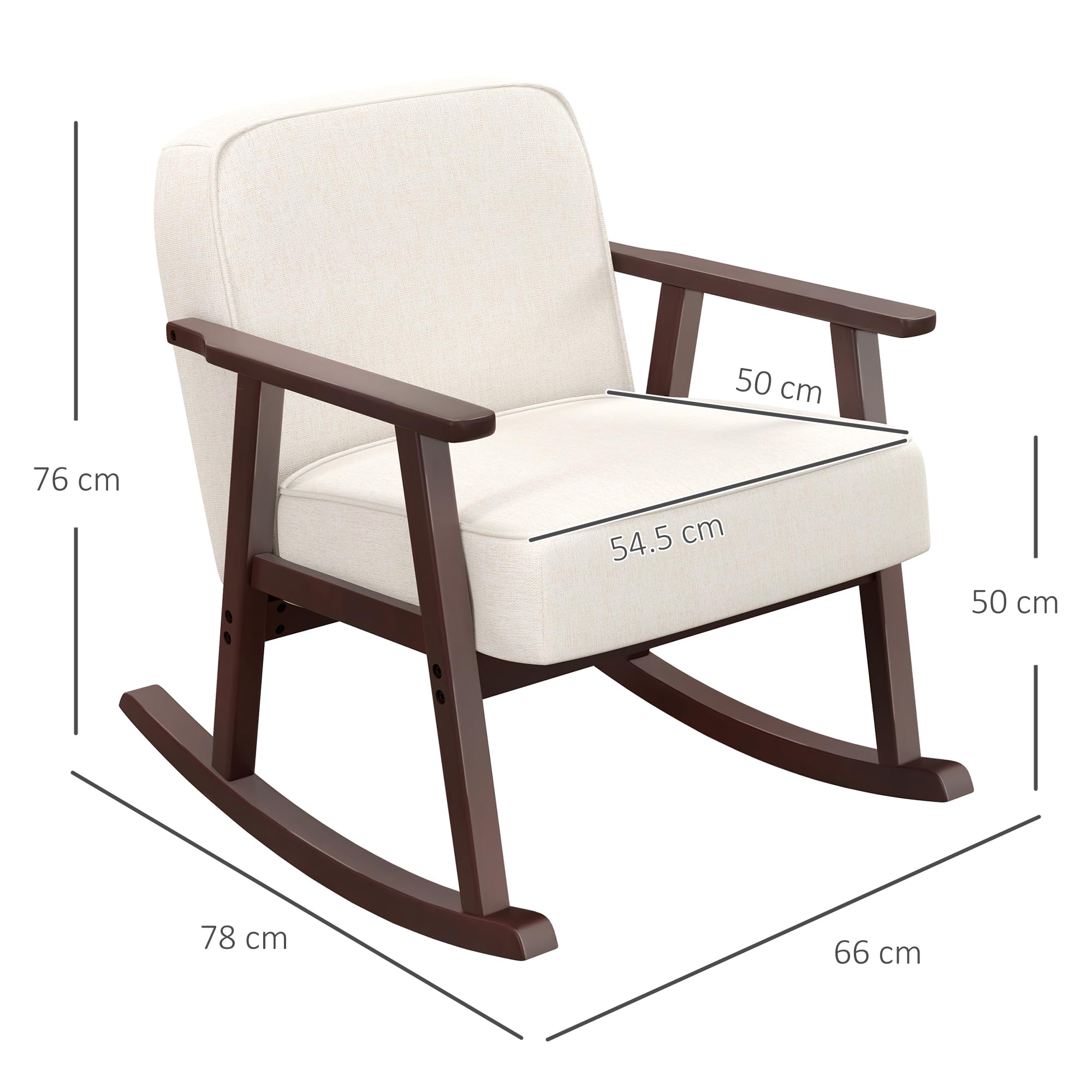 HOMCOM Poltrona a Dondolo per Interni in Tessuto Effetto Lino e Legno con Braccioli e Cuscini, 66x78x76 cm, Beige e Marrone