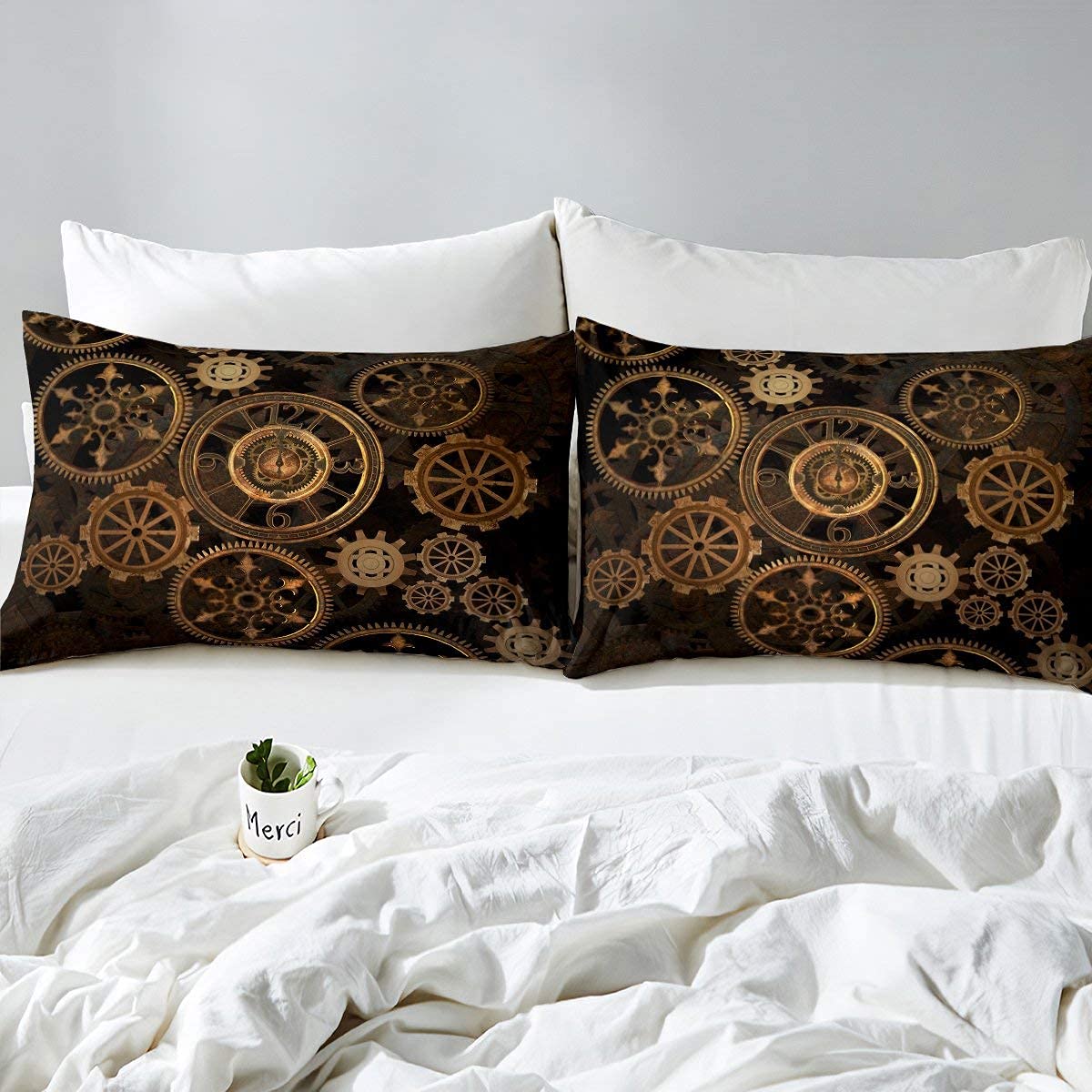 Homewish Golden Ndustrial Gear Bettwäsche Set 155x220 Steampunk Stil Bettbezug Uhren Thema Trösterbezug für Jungen Männer Mechanische Gerät Tagesdecke,Schwarz