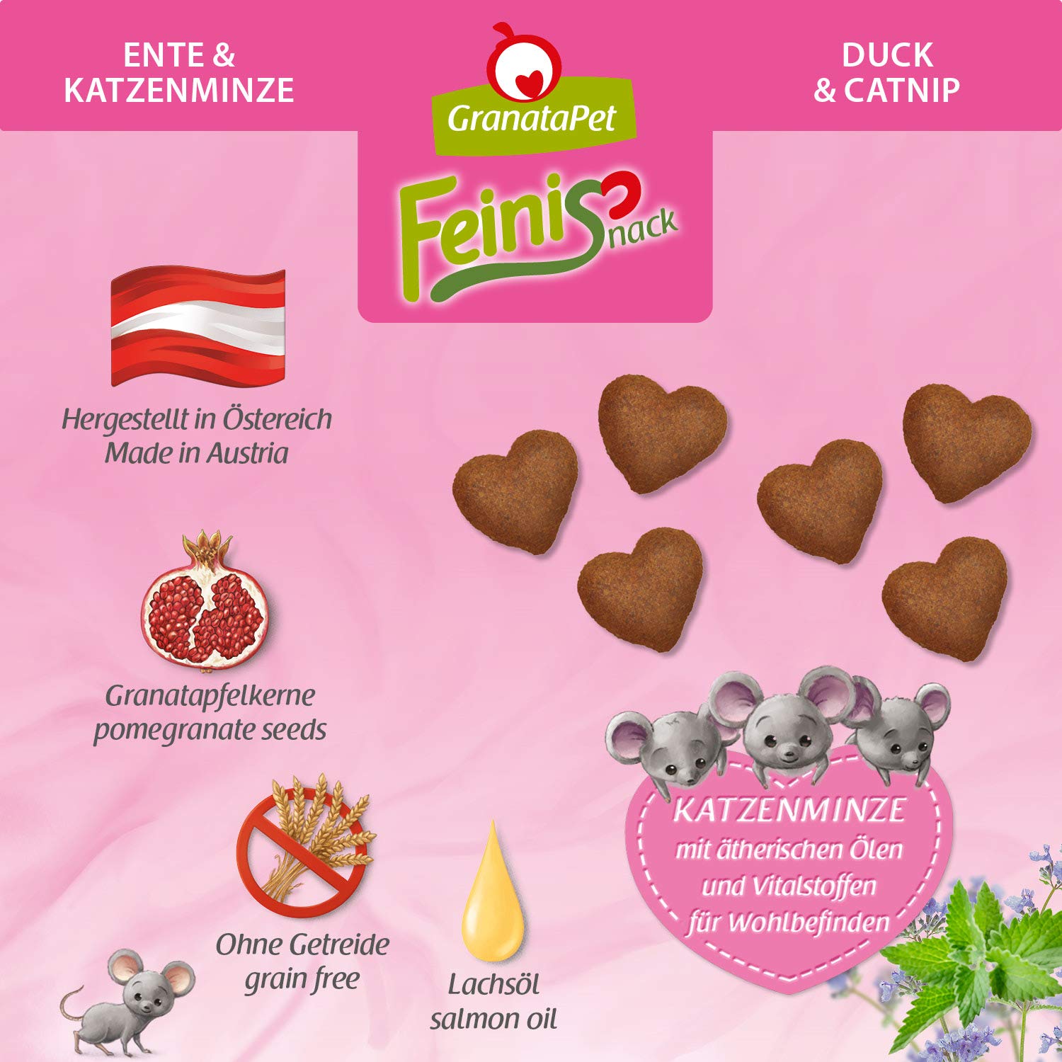 Granatapet Feinisnack Kaczka I Kocimiętka, 50 G, Smakołyk Dla Kotów, Tradycyjna Przekąska Dla Kotów, Bez Zbóż I Dodatków Cukru, Nagroda Za Fantazyjne Aksamitne Łapy
