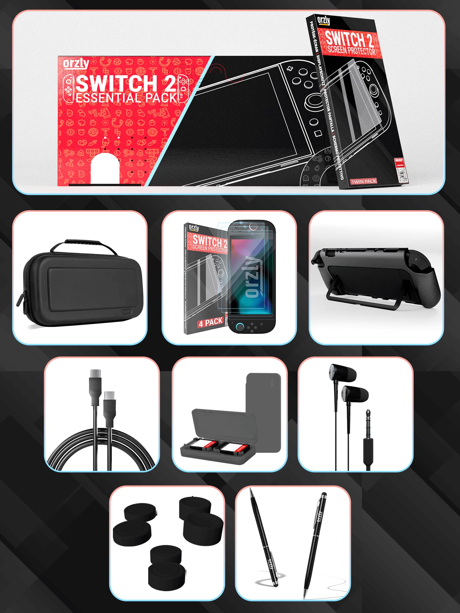 Orzly Accessori per Switch 2 – Custodia e Pellicola Protettiva per Nintendo Switch 2 (2025), Cavo di Ricarica, Porta Giochi, Custodia con Impugnatura Comfort, Cuffie e Altro – Edizione Regalo - 3