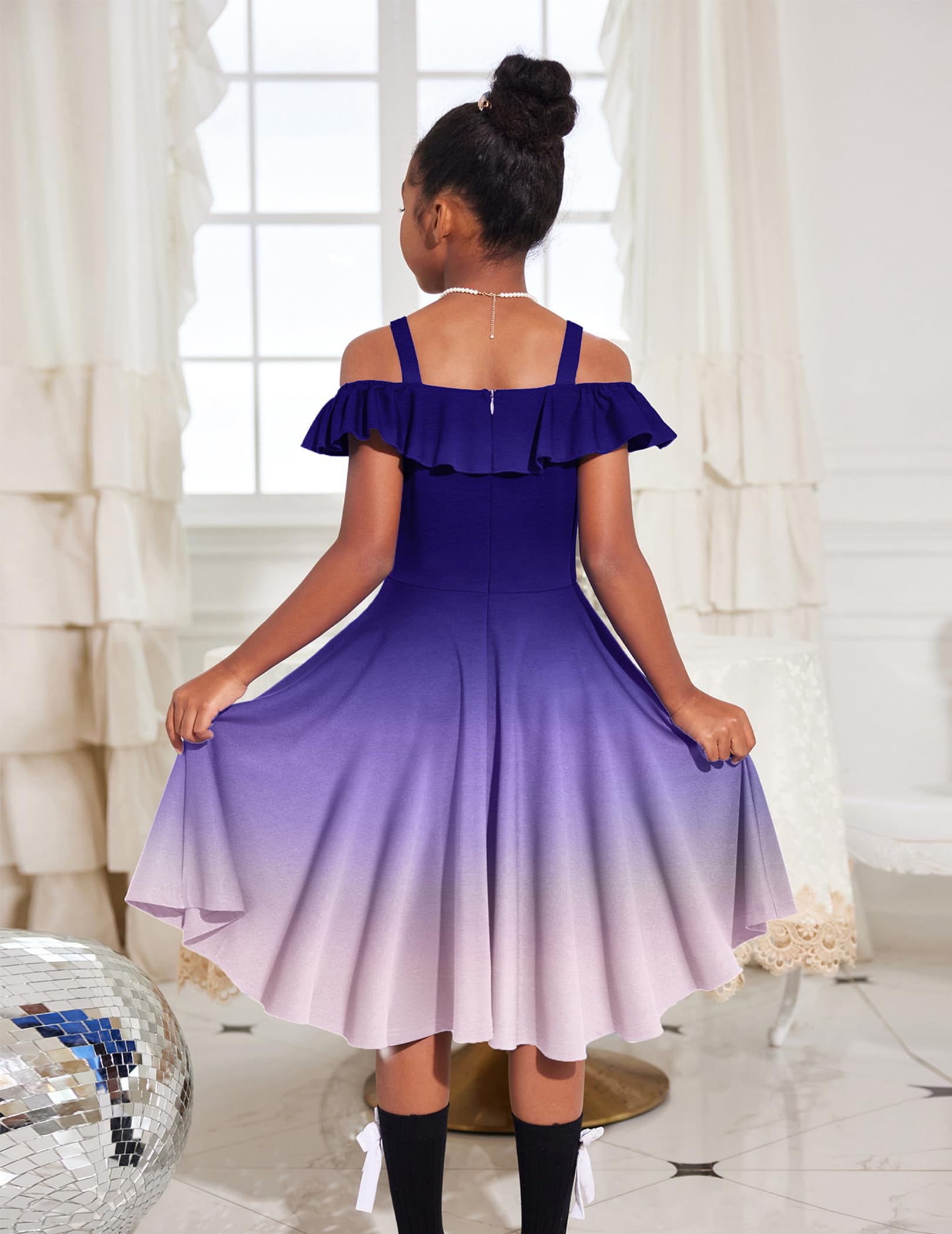 Arshiner Vestido de Verano Elegante para Niñas con Hombros Descubiertos, Alto y Bajo, Informal con Bolsillo de 4-13 Años