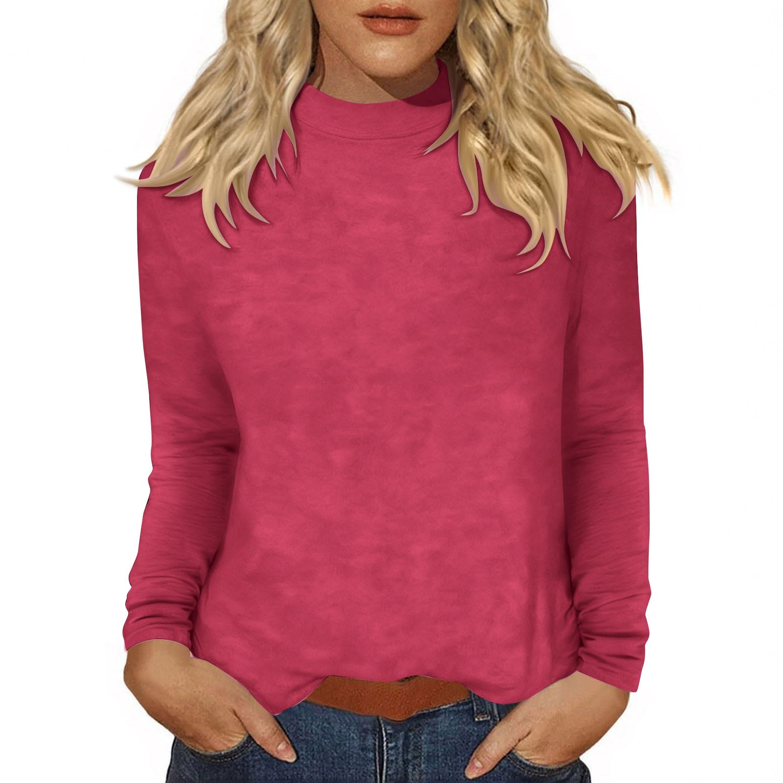 Camiseta Mujer Manga Larga Original Tops de Cuello Alto Primavera Otoño Color Sólido Sueltos Jersey T-Shirt Camisetas Basicas Pullover Deporte Fiesta Cómodo Casual Camisetas Interior Diario