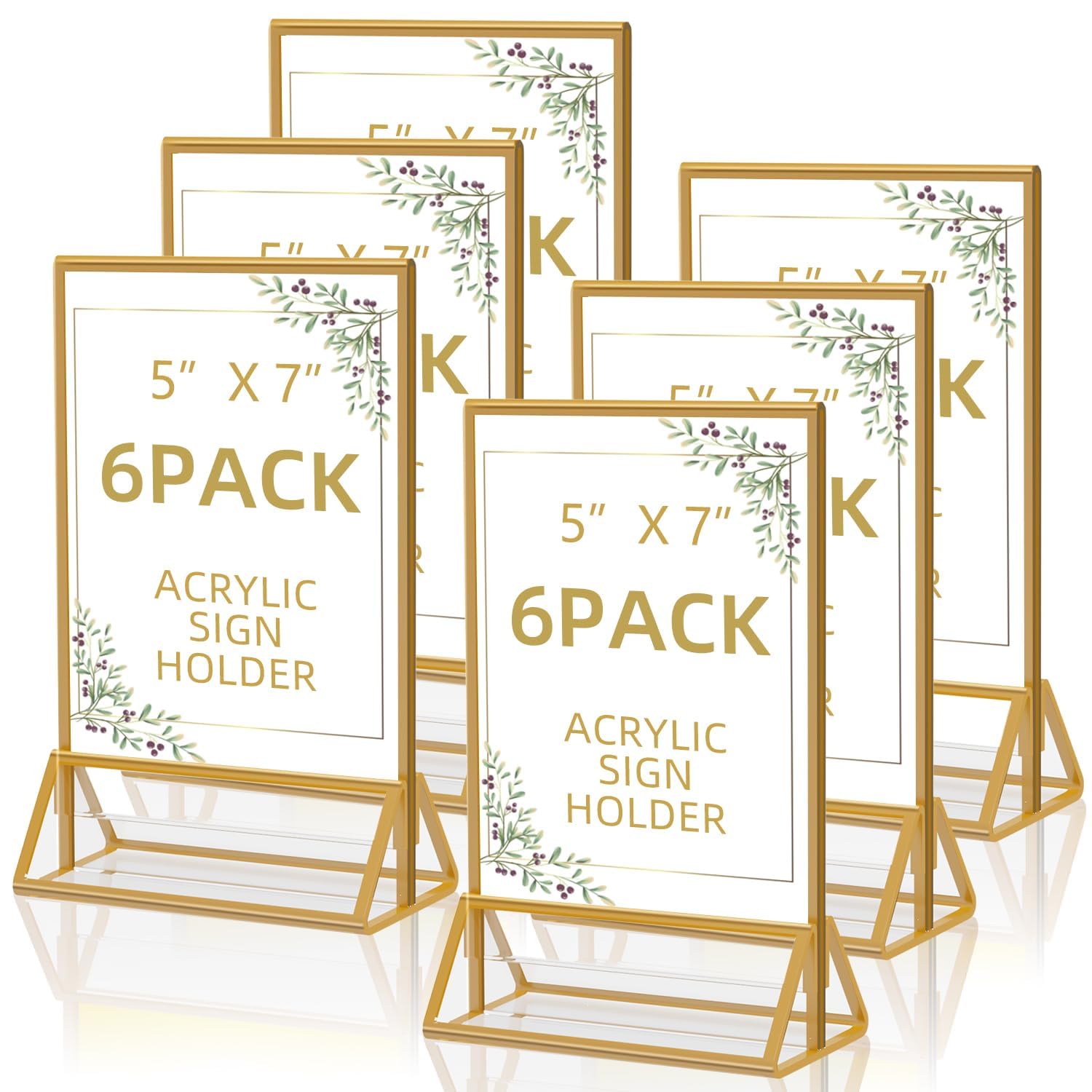 6 Pieces Clear Acrylic Table Card Holder, Double Sided Frame with Gold Border and Removable Vertical Stand for Photo Display, Wedding Table Number, Restaurant Sign, Menu Holder (5 x 7 inches)