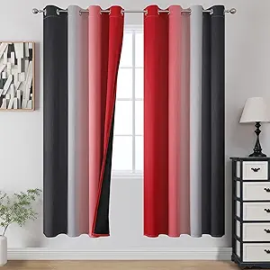 Estelar Textiler Ombre Red and Black Curtains 72 Inch Length 2 panels, Complete Blackout Curtains for Bedroom, Full Room Darkening Grommet Thermal Insulated Gradient Drapes for Living Room, 52x72 Inch
