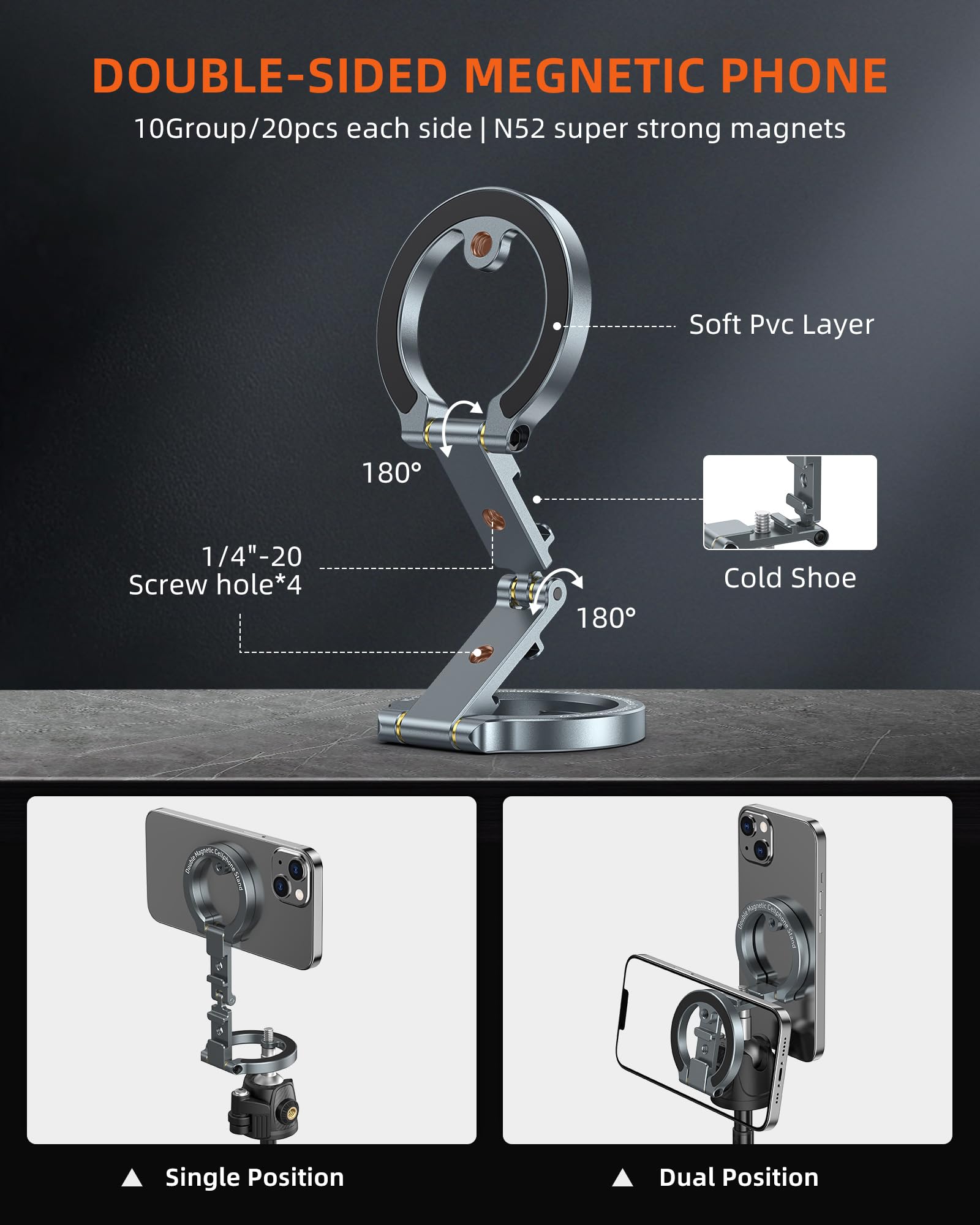 Soporte magnético de Aluminio MG-02 Plus con Doble imán para teléfono con Montura de frío de 1/4" para Gimnasio y Viajes, Soporte magnético para iPhone 16 15 14 13 12 Pro MAX Plus