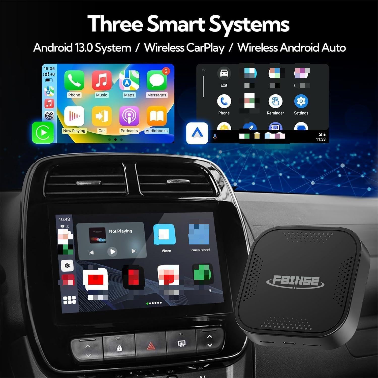 Carplay AI Box, AI Box Carplay Video Device for Car with Wired Carplay/Android Auto, Car Video fBox Supports Wireless CarPlay & Wireless Android Auto, 4GB+64GB