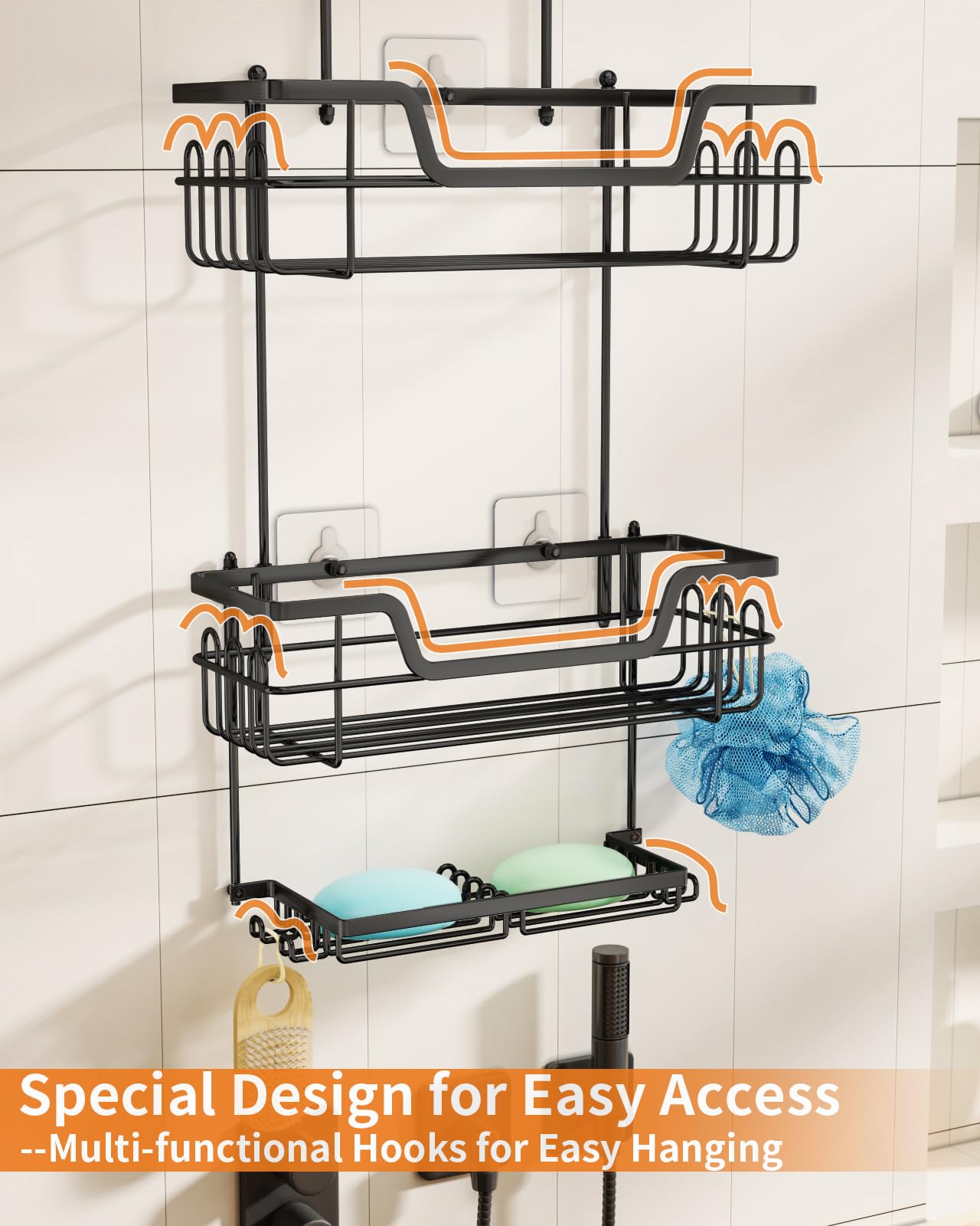 SWTYMIKI Shower Caddy Over Shower Head, 3 Tier Rustproof Hanging Shower Organizer with 16 Hooks & Dual Soap Holder, Large Capacity Shower Rack over the Shower Head for Bathroom Shower Room, Black