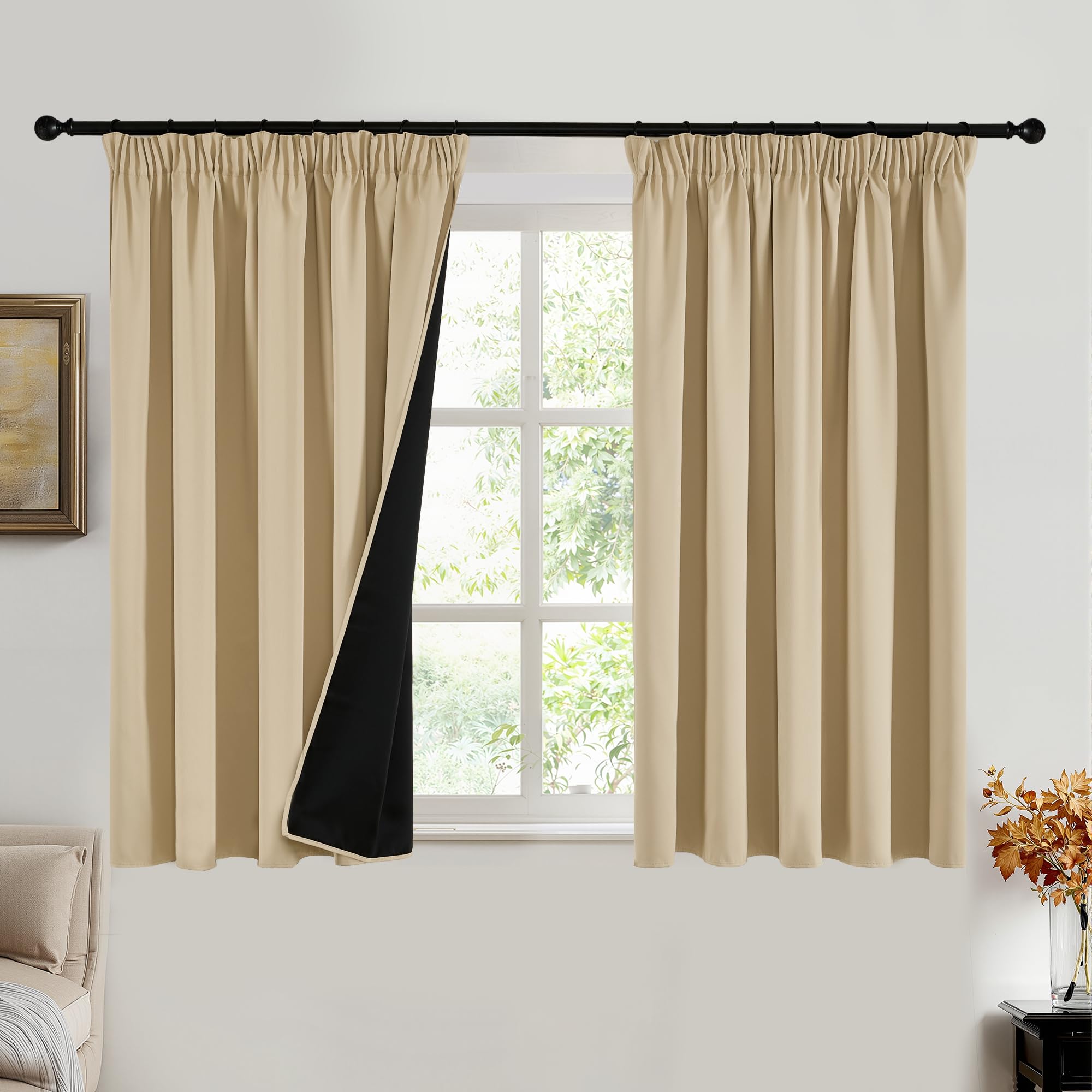 PONY DANCE 100% Blackout Curtains for Kitchen - Pencil Pleat Full Blackout Drapes, Rod Pocket Thermal Insulated Curtains for Bedroom with Black Liner, Biscotti Beige, 66 x 54 Inch, 2 Panels