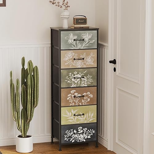 Tohomeor Vintage Dresser Vertical Nightstand with Neutral Botanical Plant Fabric