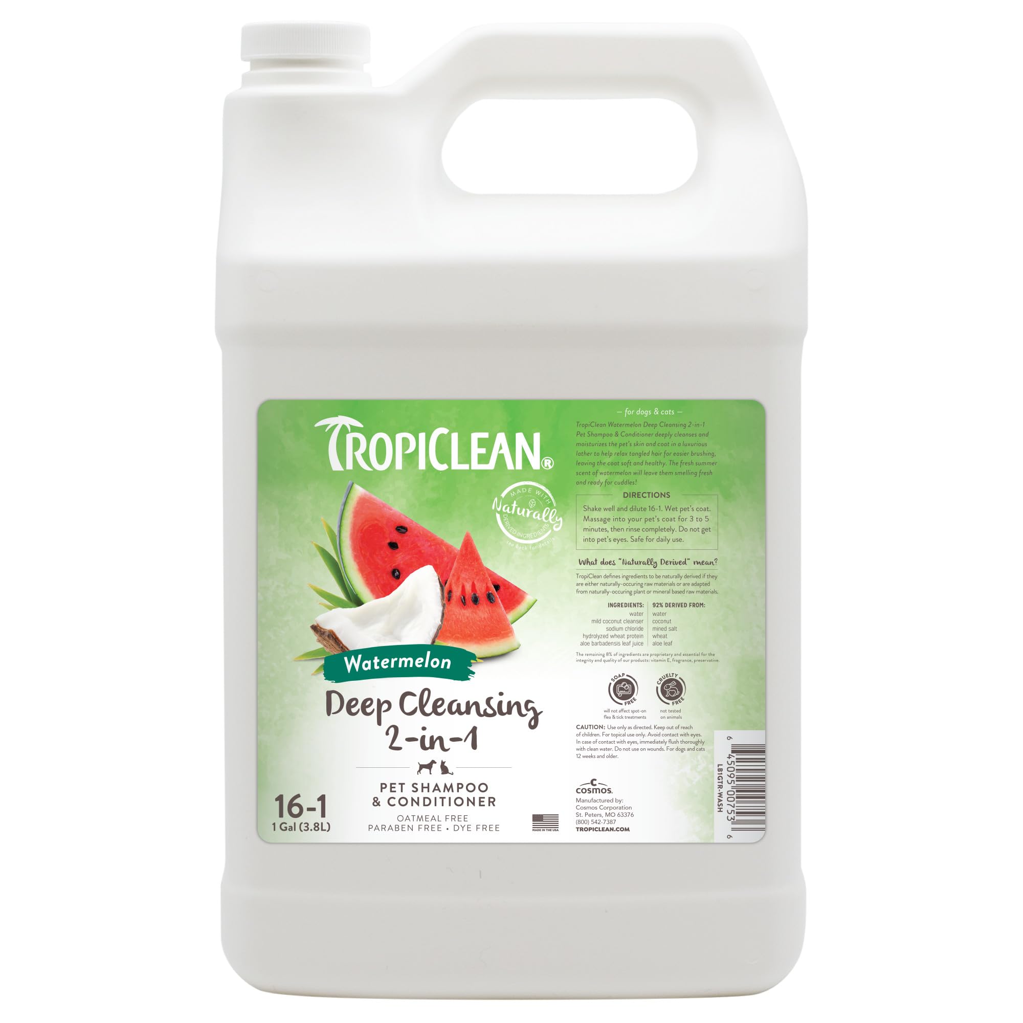 TropiClean 2-in-1 Dog Shampoo and Conditioner, Professional Dog Shampoo, Puppy Safe, Moisturizing Detangler, Made in USA, Watermelon Scent, 1 Gallon