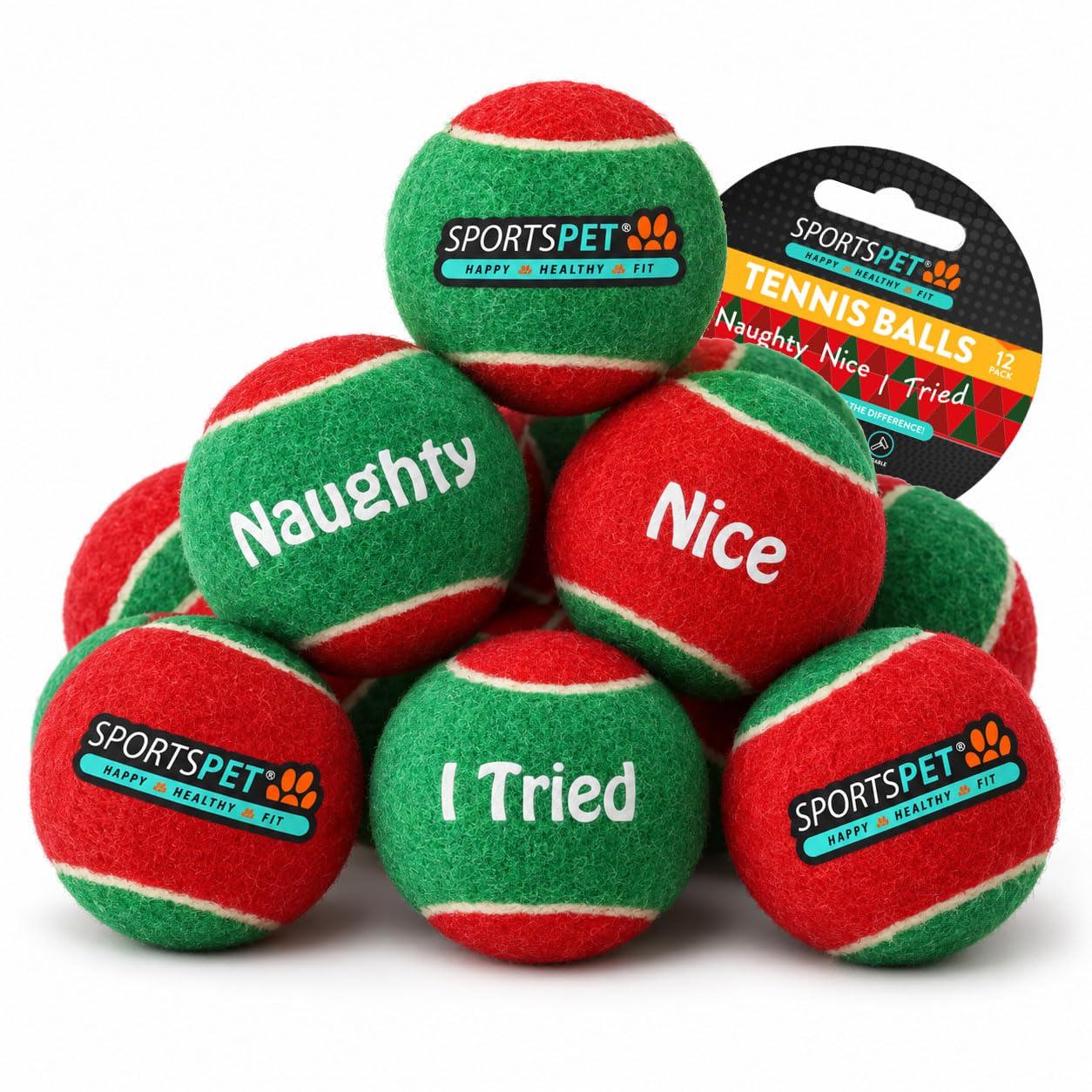 SPORTSPET Christmas Dog Tennis Balls, Red & Green, Pack of 12 - Xmas Toy