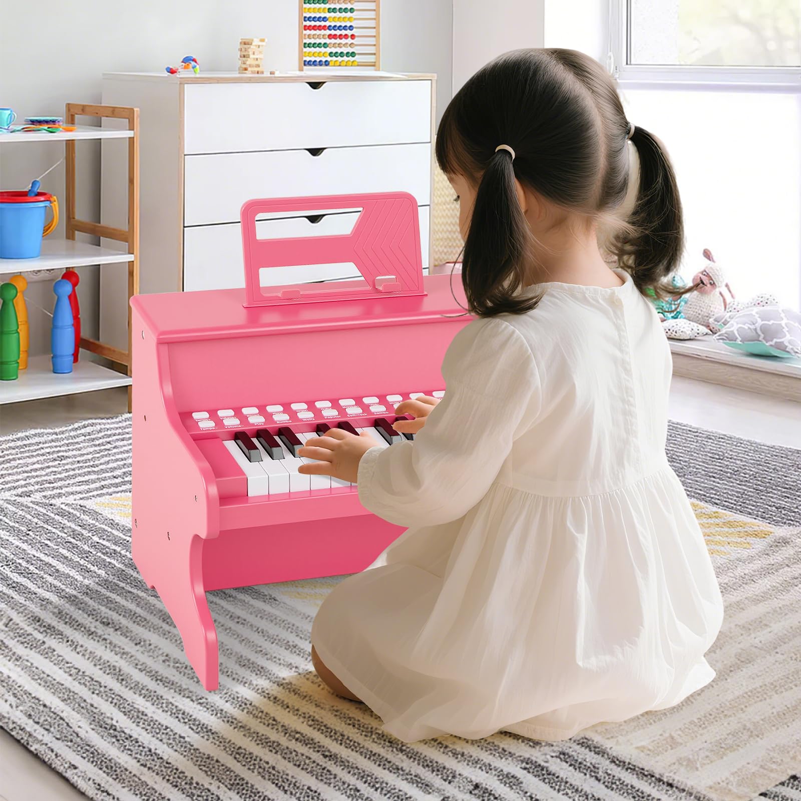 COSTWAY Piano Infantil de 25 Teclas, Organo Electronico Niños, Juguete Piano de Madera con Velocidad y Volumen Ajustables, Modo de Enseñanza, Atril, Instrumento Musical Infantil 3+ Años (Rosa)