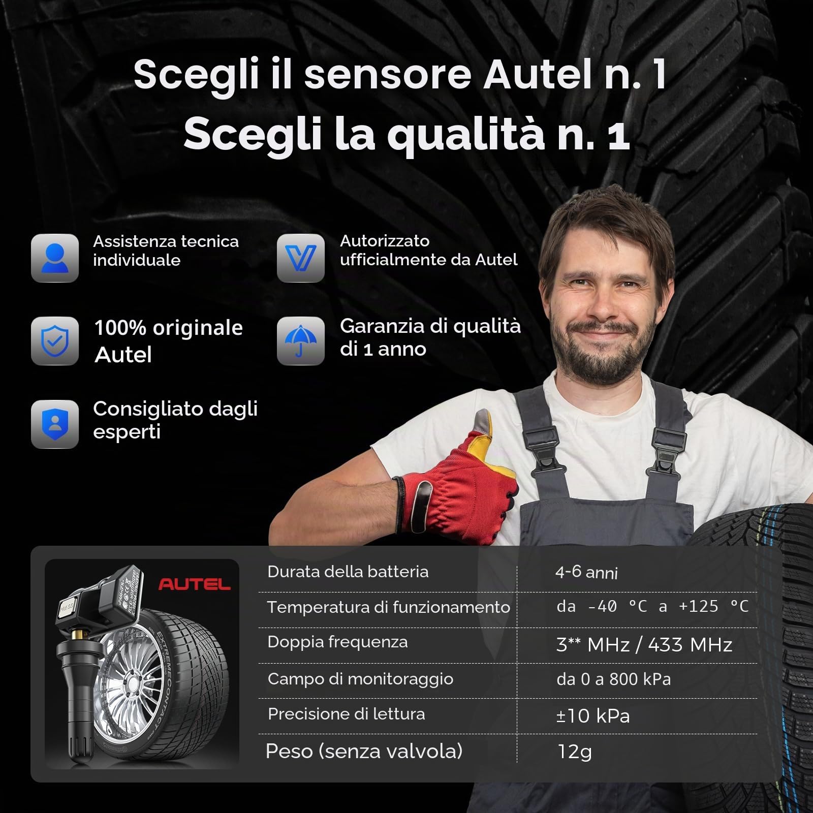 Autel MX-Sensor 2 in1 Sensore TPMS, Doppia Frequenza, Livello OE per 99% Autos, Sensore Pneumatici Programmabile 100%, Compatibili TS501PRO TS508WF TS601 TS408S Strumento TPMS (Valvola in Gomma, 1PCS)