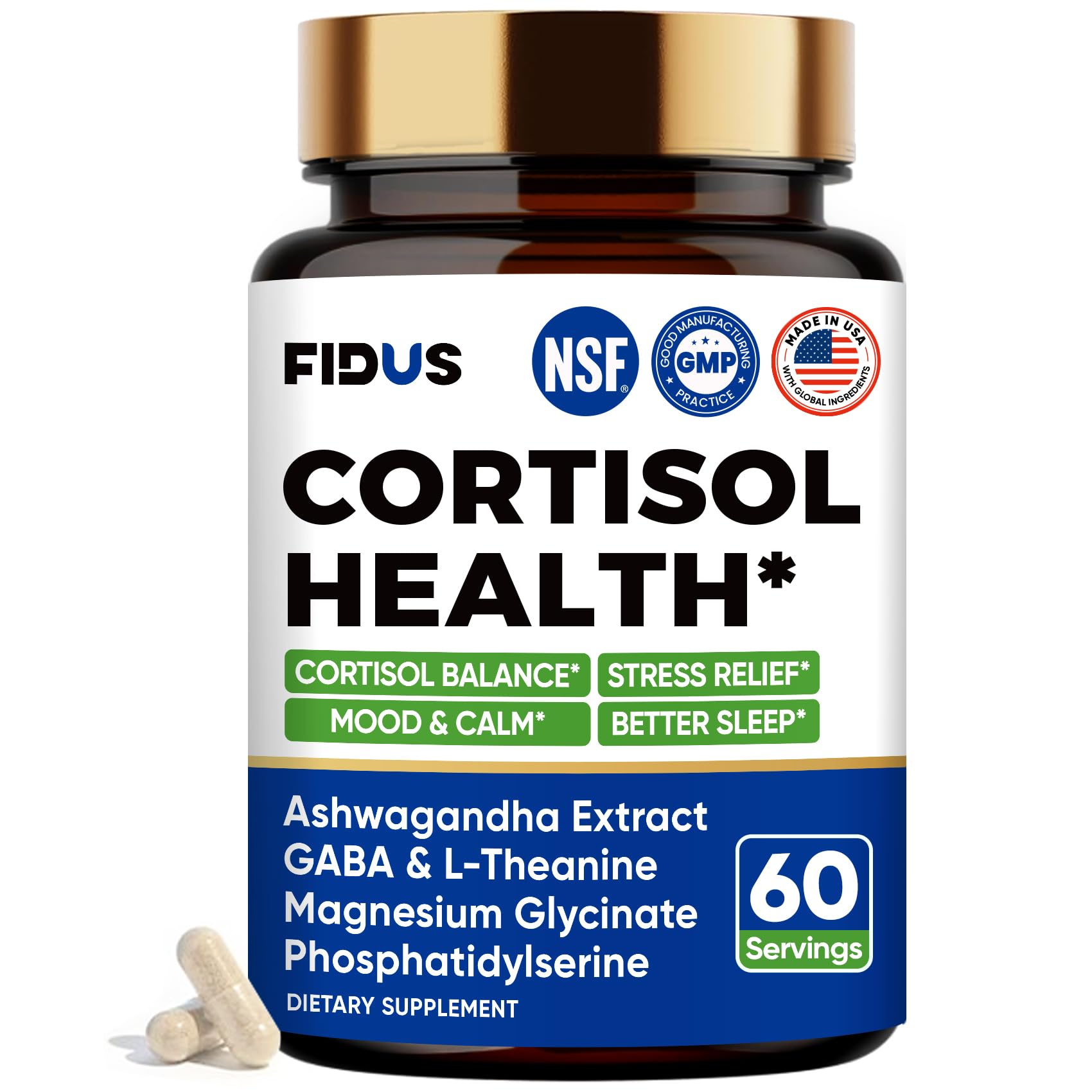 Cortisol Supplement for Women & Men with Ashwagandha, GABA - 60 Day Supply | Magnesium, L-Theanine & Rhodiola, Cortisol Reducer & Manager for Detox and Stress Support, Sleep, Mood & Focus, USA Made