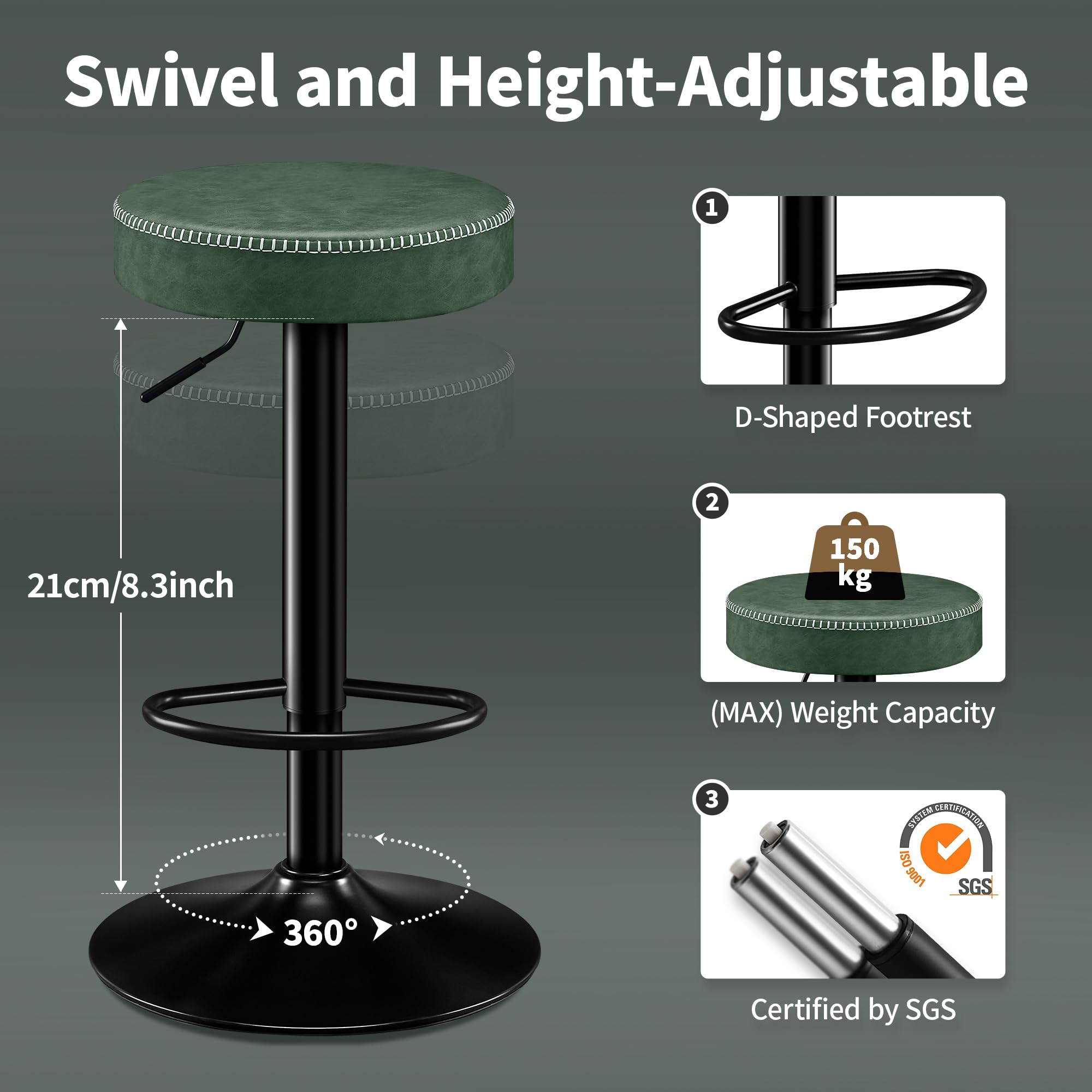 STOOLINK Set di 2 Sgabello da Cucina, Sgabelli da Bar Regolabile in Altezza Sgabelli Cucina Cuoio in Microfibra, Sgabelli Alto con Poggiapiedi, Sgabelli Bar Girevole a 360°-Verde