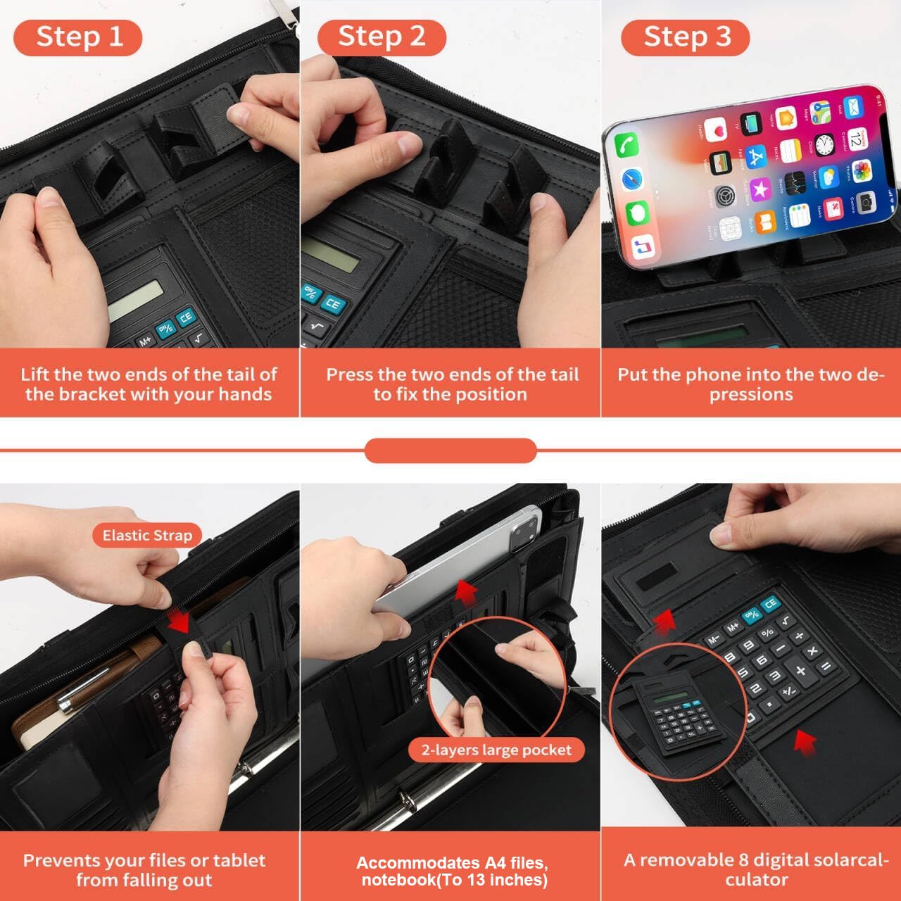 Cartella Portadocumenti A4 Zipper in Pelle con Manici Magnetici Pieghevoli, 2 Scomparti, Supporto Tablet, Nero