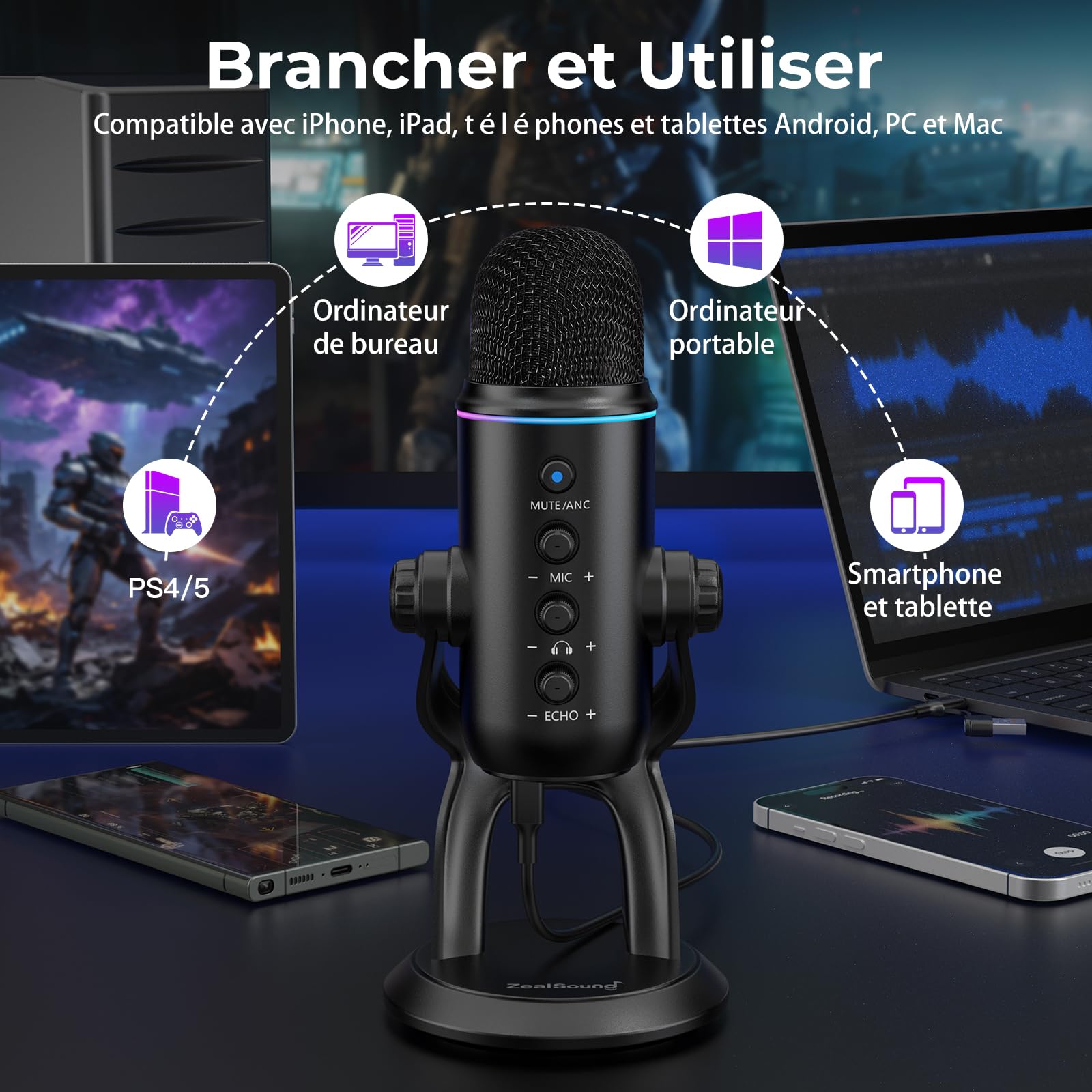 zealsound Microphone USB à Condensateur pour PC avec Réduction du Bruit, Z5 | Podcast Micro pour PC & Téléphone, avec Muet, Contrôle du Gain et Moniteur, Enregistrement, Streaming, Gaming, ASMR, Créateur