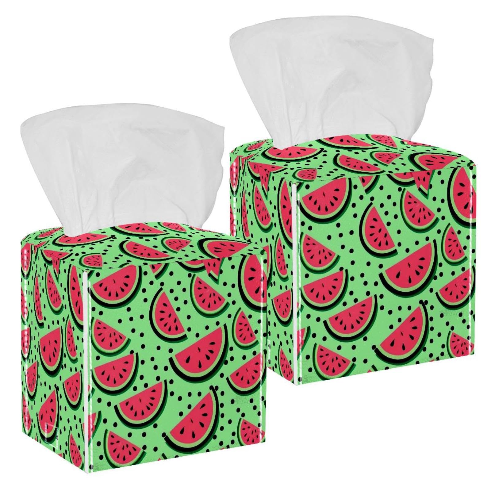 Watermelon Tissue Box Cover, 2 Pack PU Leather Square Facial Tissue Dispenser Box holder for Home Office Car