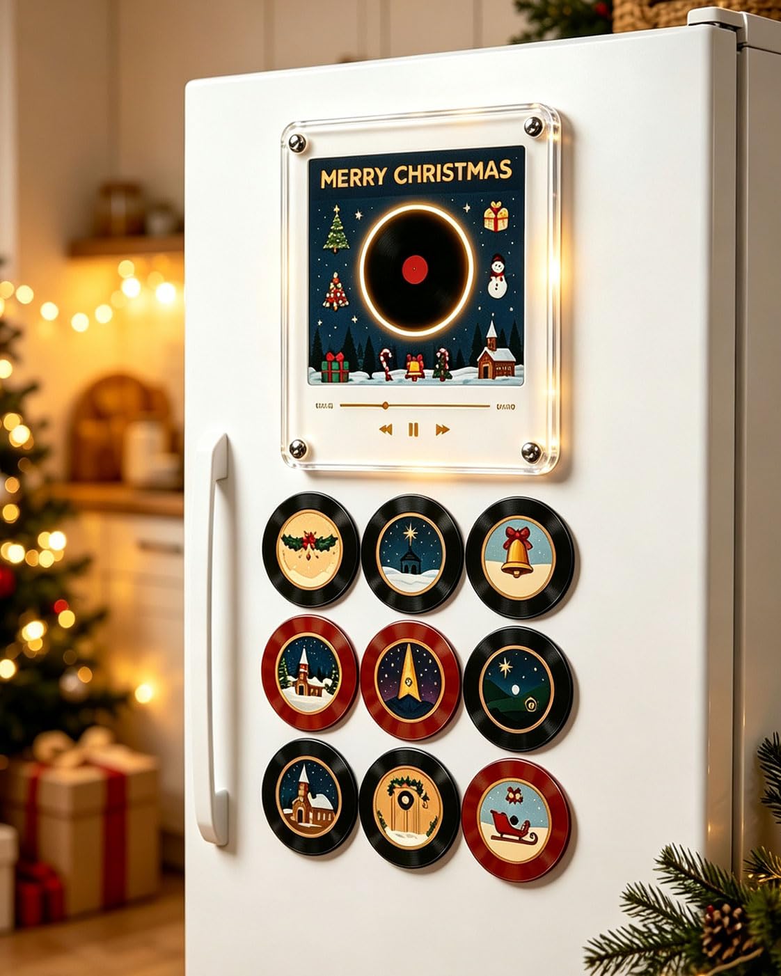 Christmas Mini Vinyl Record Music Player with 9 NFC Fridge Records，Xmas A