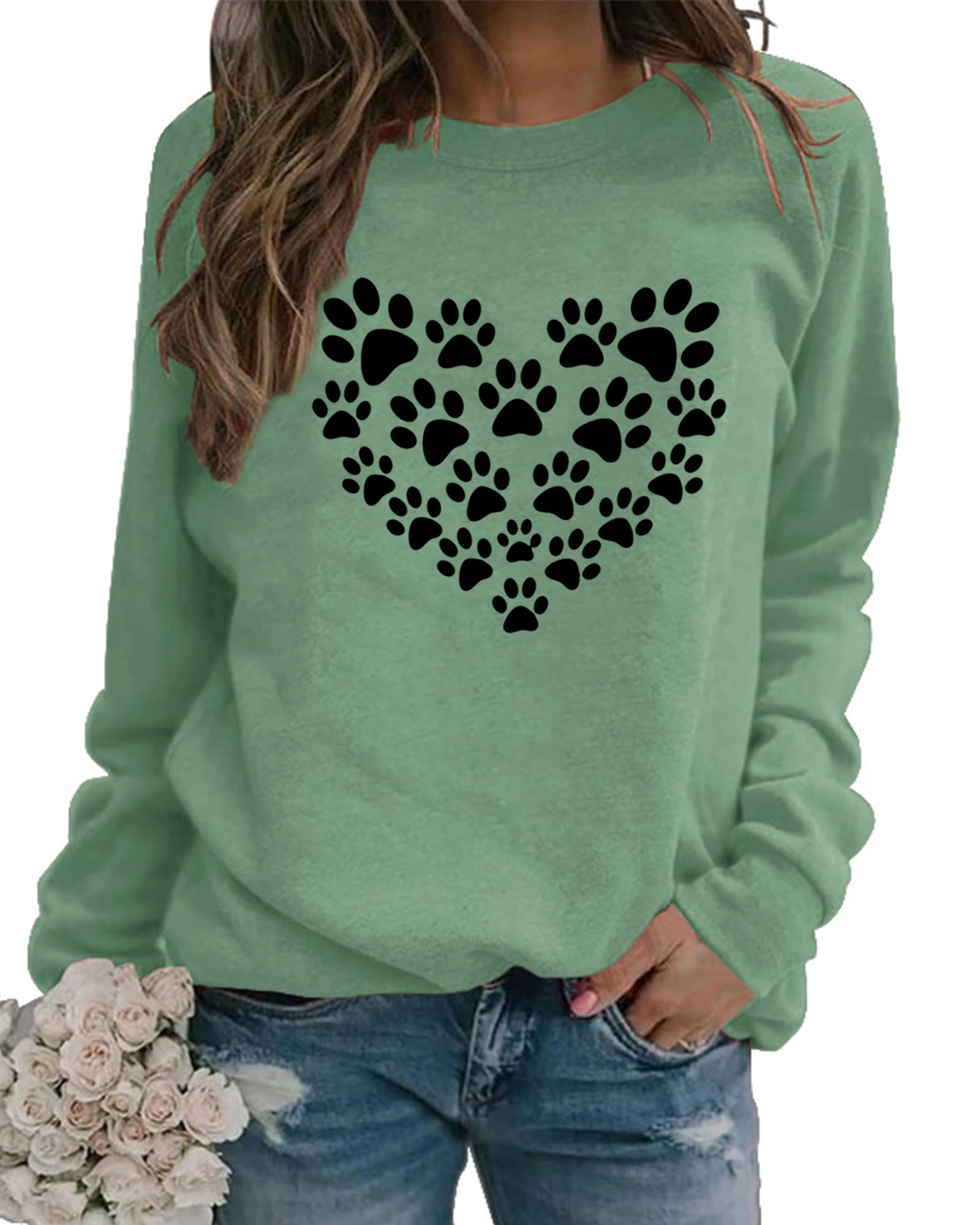 ZUNQKG Womens Dog Mom Sweatshirt Heart Printed Crewneck Long Sleeve Puppy Paw Graphic Sweatshirts Green S