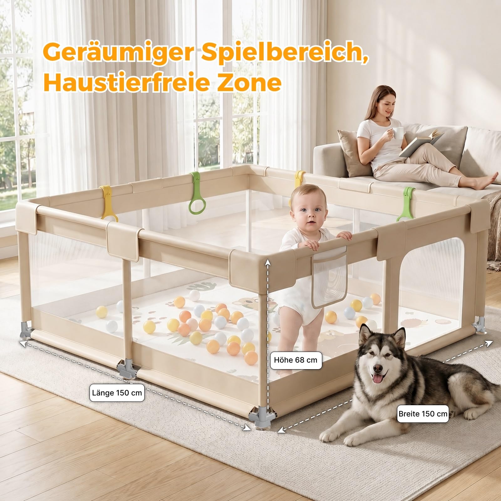Beige Laufstall Baby mit Matratze - 150×150cm Laufgitter Baby mit Atmungsaktivem Netz und Rutschfeste Saugnäpfe, Laufstall xxl mit und 4 Zugringen