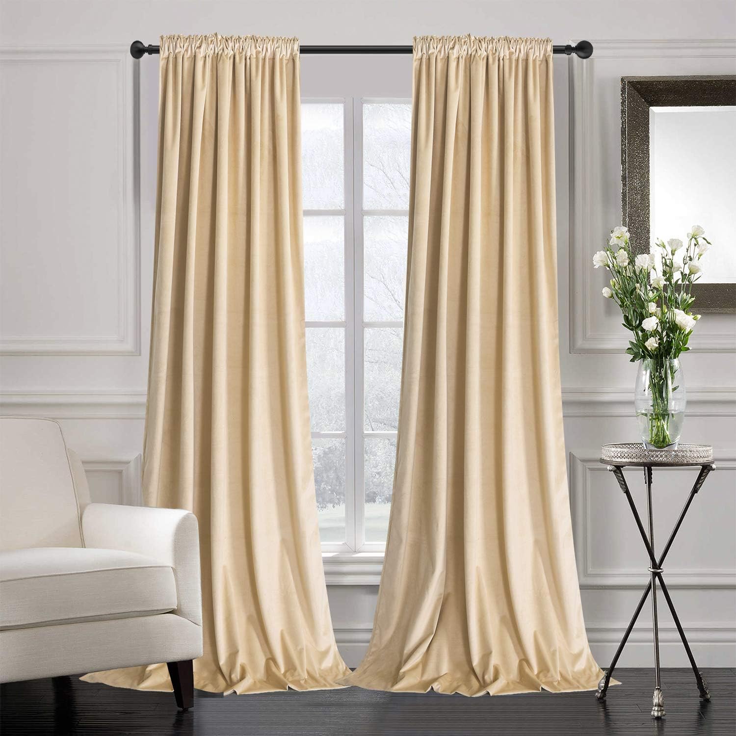 Roslynwood Cream Velvet Curtains Room Darkening for Living Room - Light Blocking Velvet Curtain Panels Privacy with Rod Pocket & Back Tab Window Drapes for Bedroom, W52 by L108 inches, 2 Panels