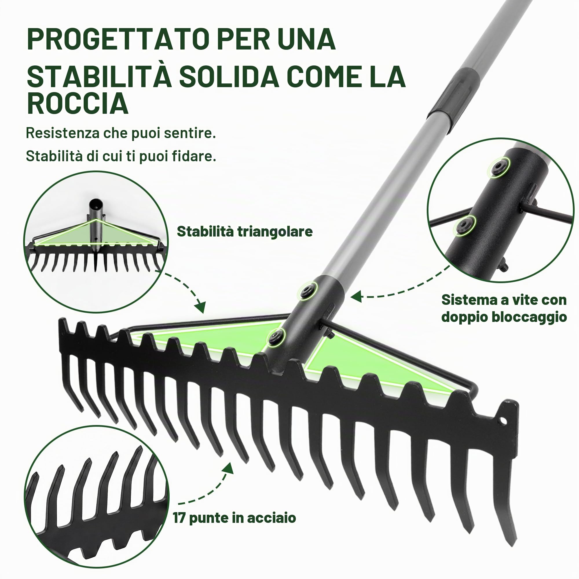 Walensee Rastrello da giardino resistente da 165 cm, con manico in acciaio inossidabile, rastrello in metallo a doppia testa a 17 denti per allentare il terreno, livellare il prato, raccogliere foglie
