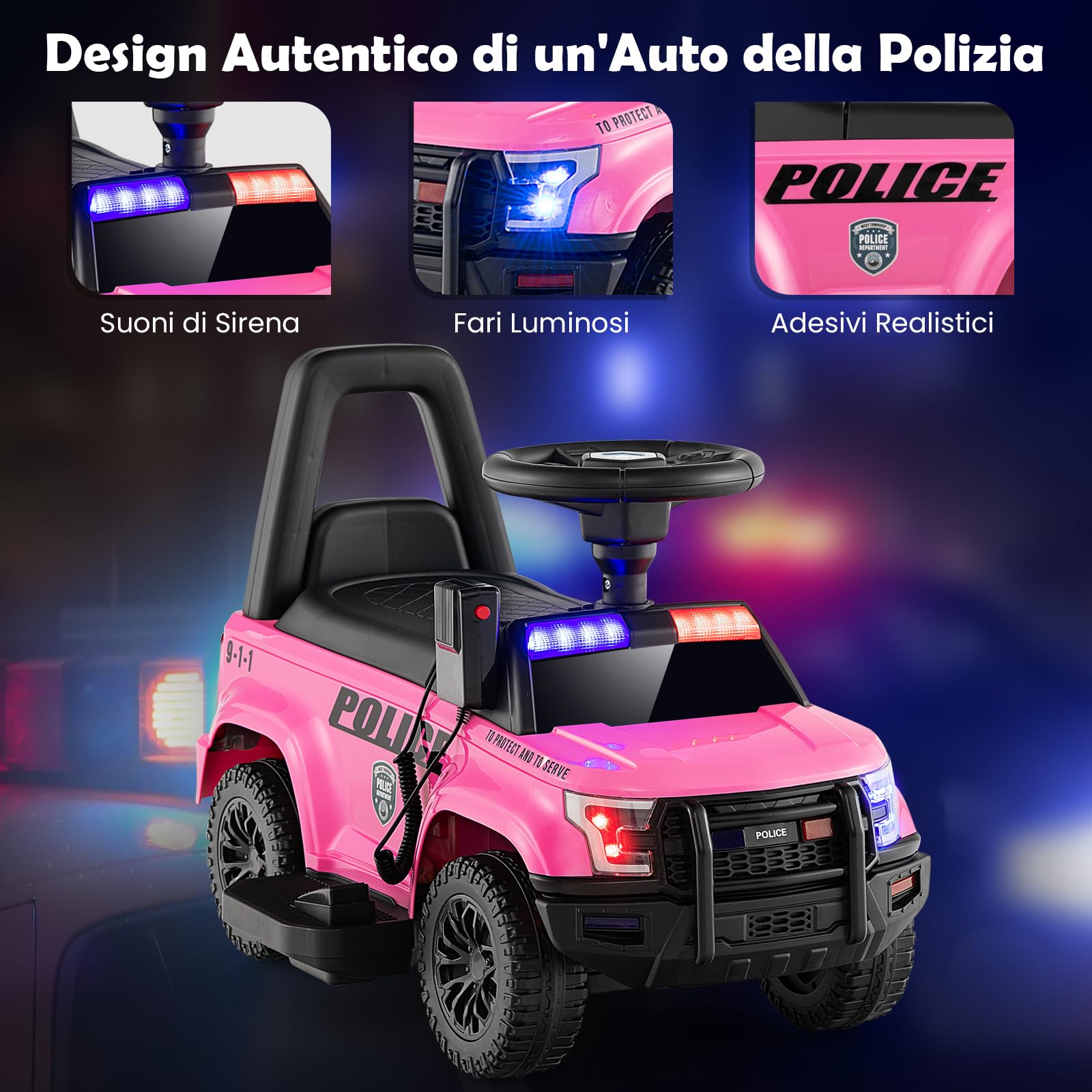 GYMAX Macchina della Polizia Alimentata a Batteria 6V con Megafono Sirene e Luci, Cavalcabile con Musica per Bambini e Bambine 18-60 Mesi (Rosa)