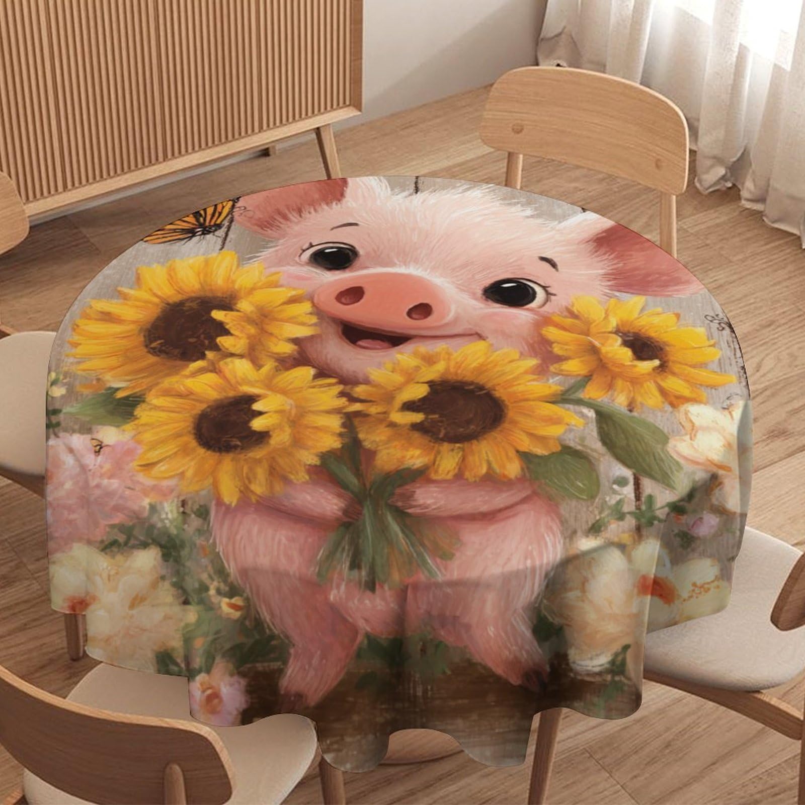LUYYSKY Modern Colorful Cute Pigs Waterproof Round Tablecloth Beautiful Wooden Fence Sunflowers Animals Pigs Butterflies Pattern Washable Table Cover for Kitchen-127 Wx127 L cm