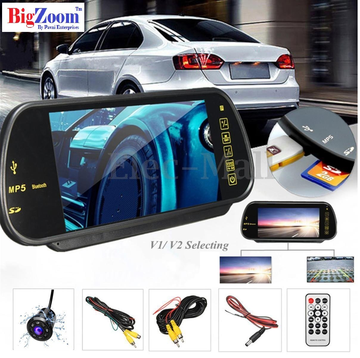 BIGZOOM Stylish 7 inch Rear View Mirror LCD Screen Monitor with 8 Led