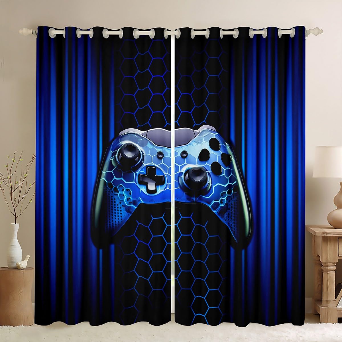 Manfei Gamer Blackout Curtain Blue Geometric Gaming Window Treatments, Videogame Controller Window Drapes for Kids Boys Adults Room Decor Grommet Top 2 Panel Set Bedroom Curtains, 46Wx72L inch โ image 1