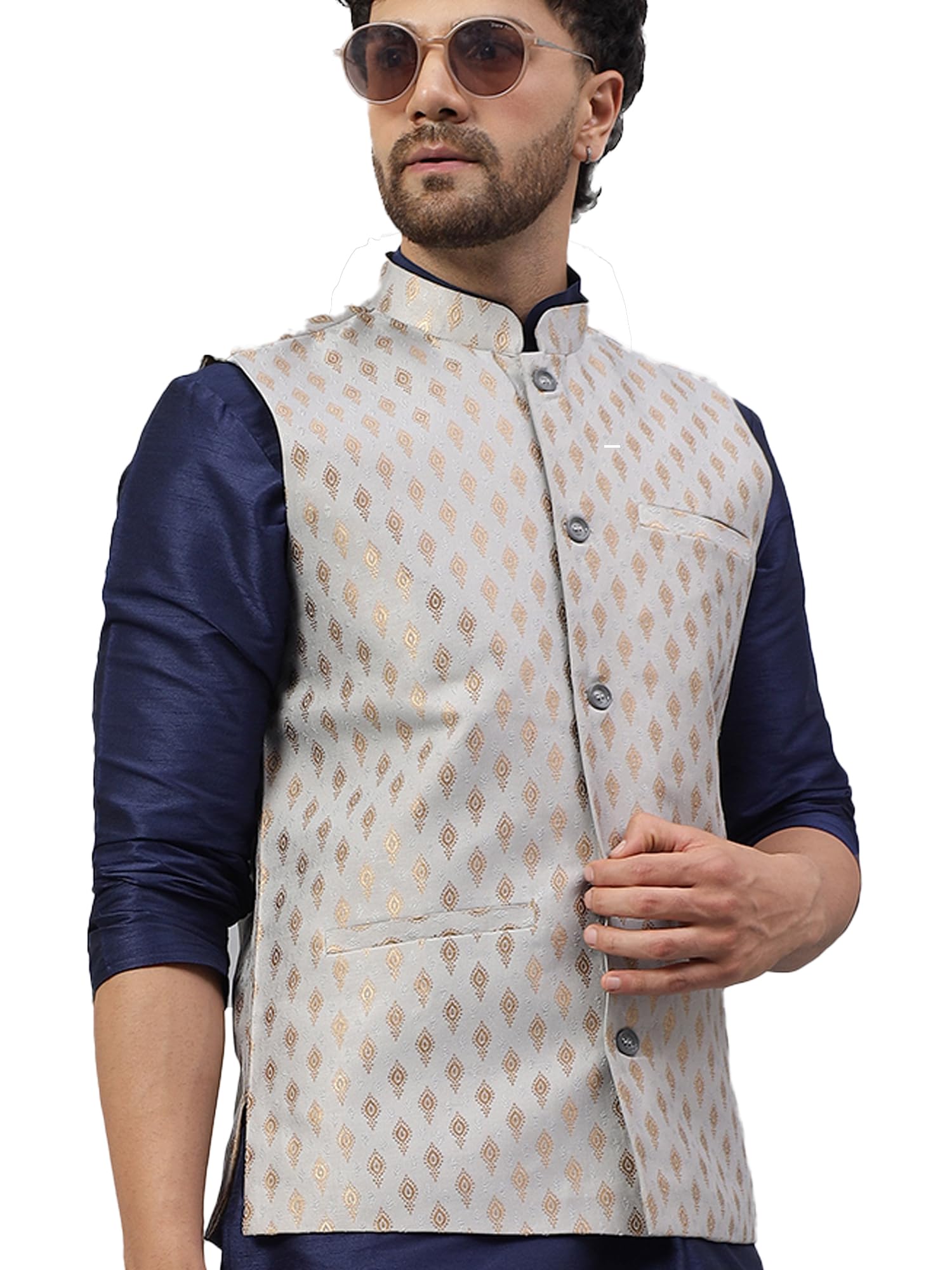 Men’s Silk Blend Nehru Jacket with Gold Brocade – Festive Ethnic Waistcoat for Wedding, Reception & Traditional-Wear