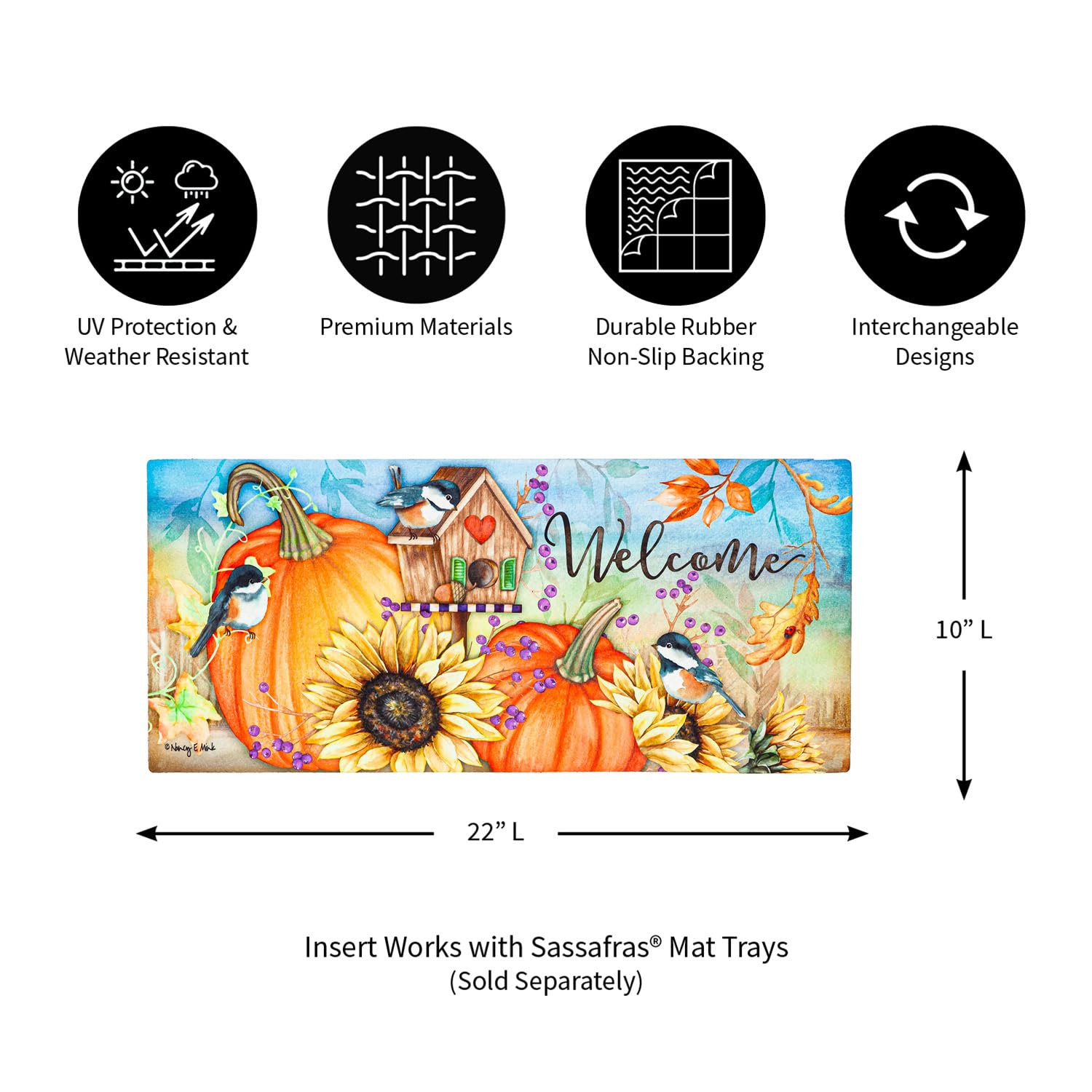 Evergreen Flag Sassafras Autumn Greetings Interchangeable Entrance Doormat | Indoor and Outdoor | 22-inches x 10-inches | Non-Slip Backing | All-Season | Low Profile | Home Decor