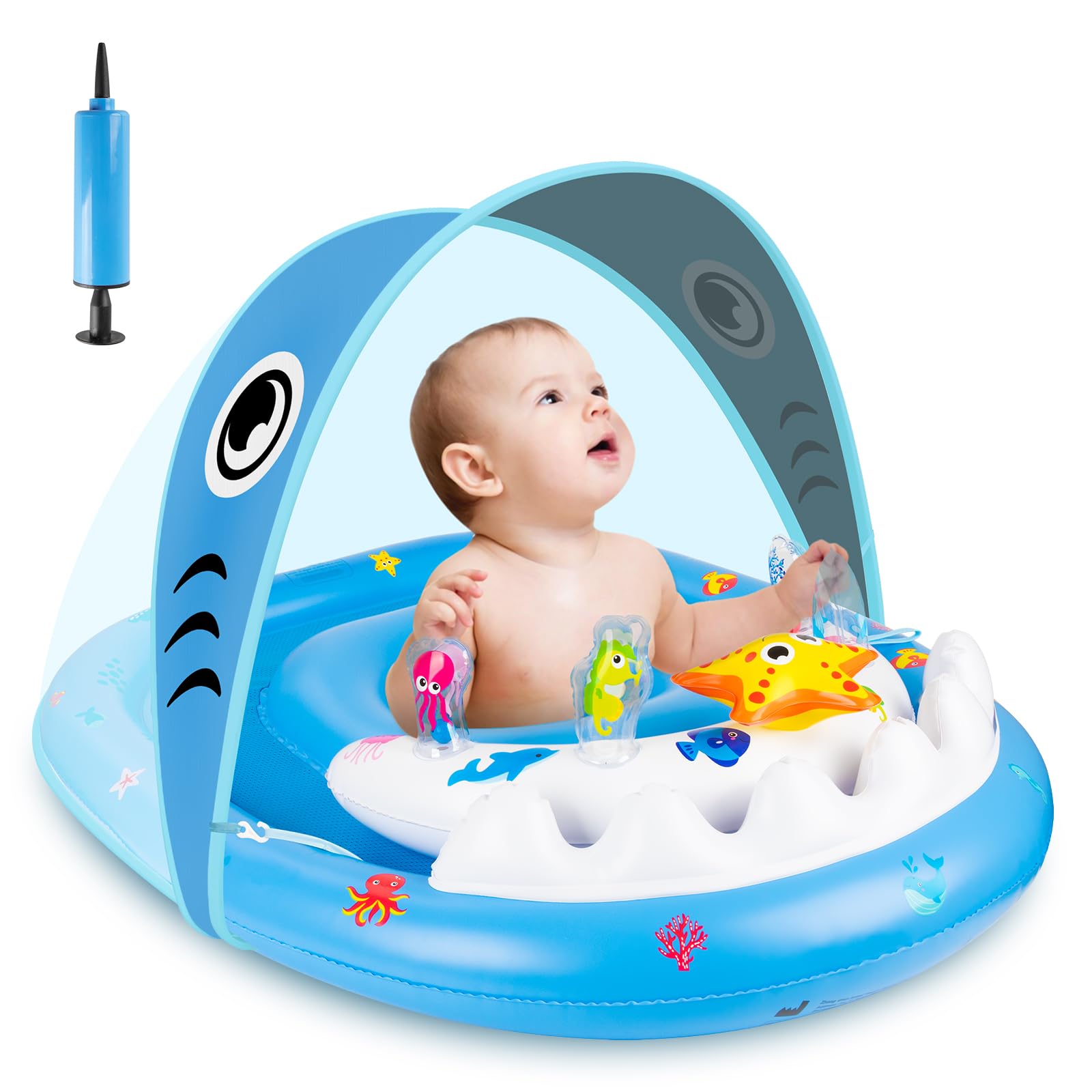 Baby Swimming Float, Inflatable Baby Float with UPF50+ Sun Protection Canopy & Toy Play Console, Infant Inflatable Seat Swimming Adjustable Safety Seat, Toddler Pool Foat Ring for Newborn 6-36 Months
