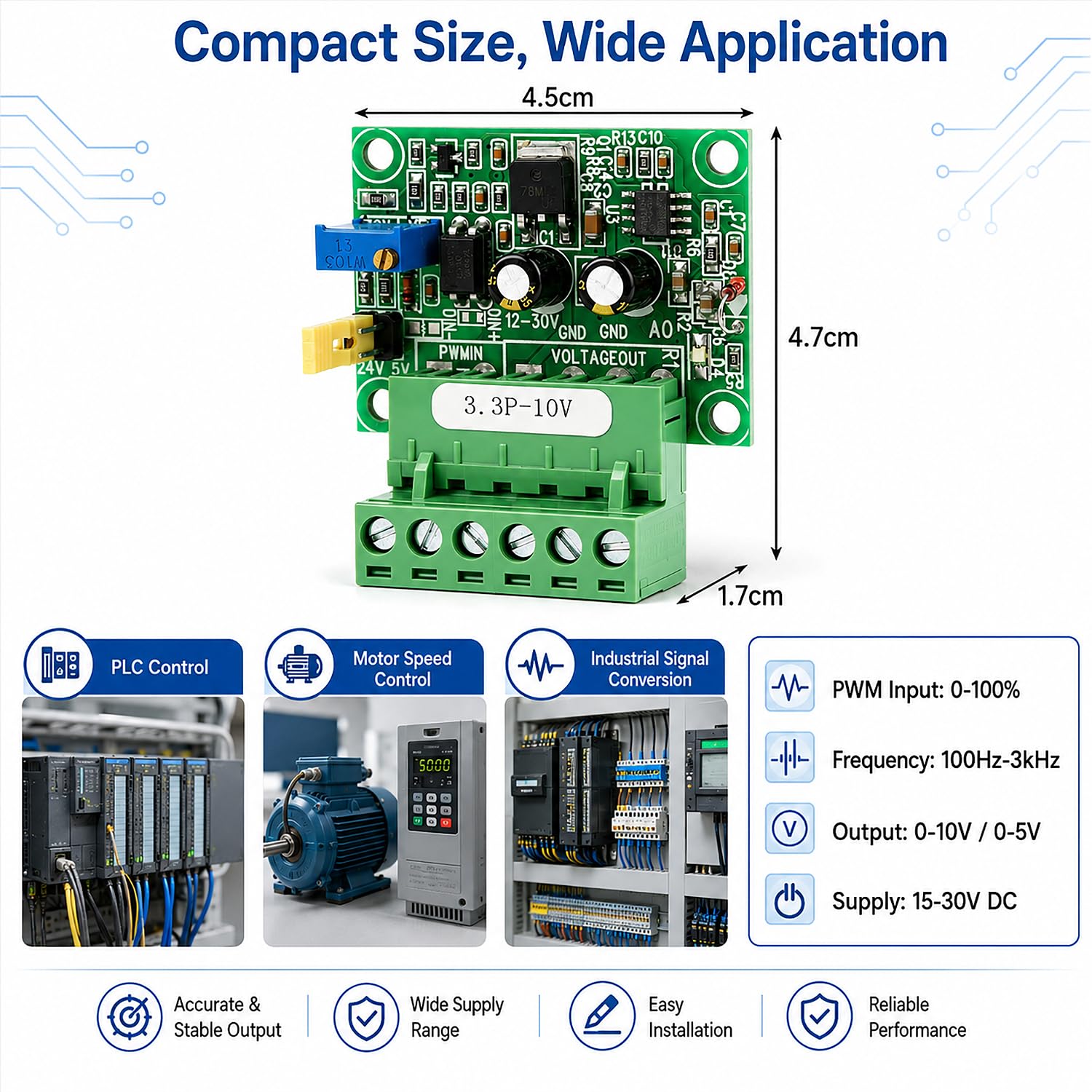 Convertitore da Segnale Pwm A Tensione, Tensione di Uscita Analogica 0-10V 0-100% 1-3Khz Ingresso Segnale Pwm, Modulo PLC Digitale-Analogico D/A, per Il Controllo Della Velocità Del Motore