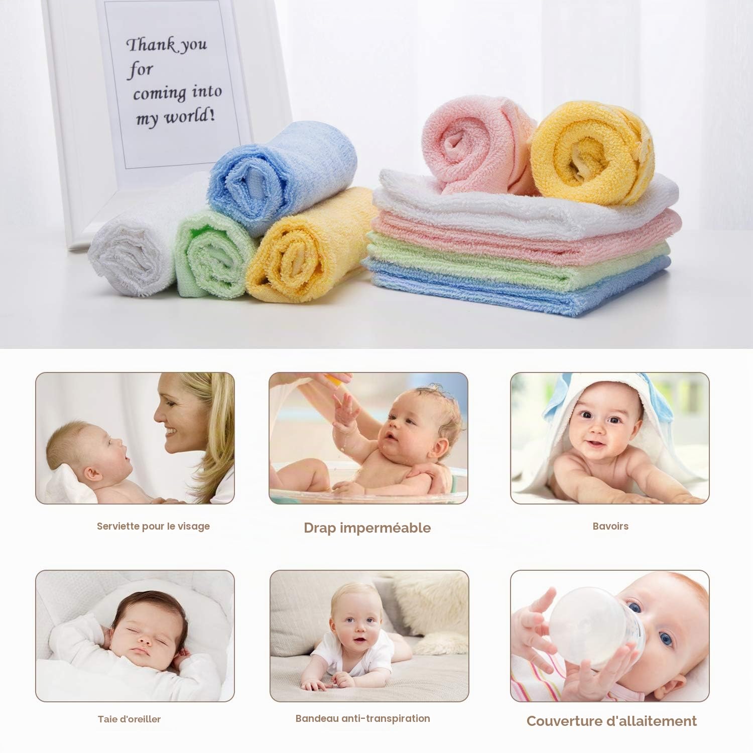 HBselect 10 Pièces Serviettes de Bébé en Fibre de Bambou - Lingettes Faciales 25 * 25 Cm pour Enfants - Multicolores pour Bain et Cuisine