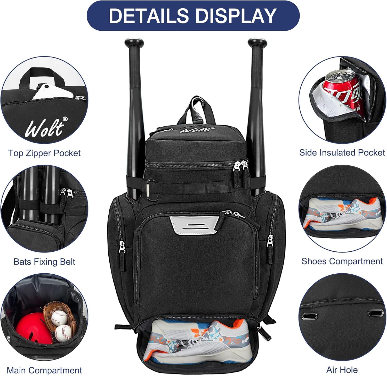 WOLT Baseball Bag Backpack for Youth and Adults-Softball Bag with Separate Helmet Compartment and Shoes Pocket,Multifunctional Sport Backpack for Baseball, Volleyball,Basketball, Soccer - Image 3