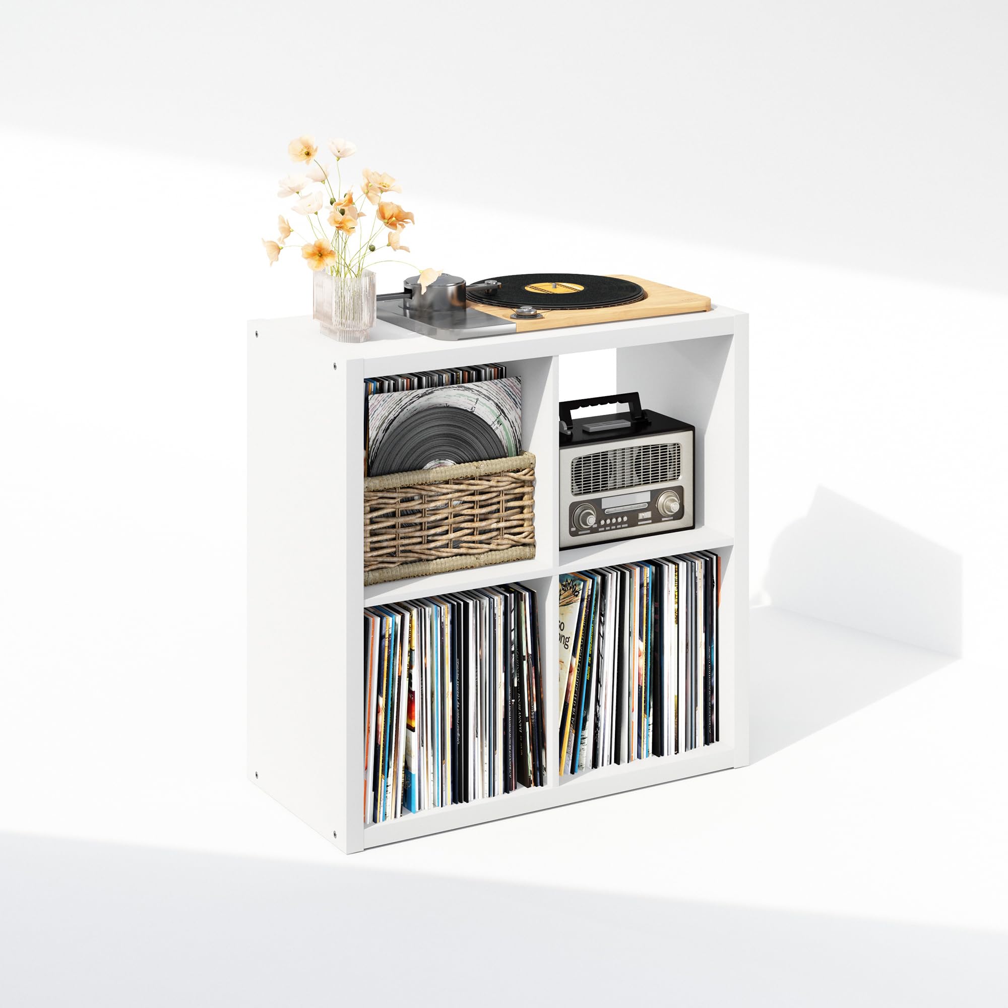 Furinno Cubicle Meuble Tourne-Disque avec Rangement pour Vinyles, 4-Cube Rangement pour Disques Vinyles 1.2 Extra Épais, Multimédia Ouverte À L'Arrière pour CD DVD Disques De Jeu Blu-Ray, Blanc