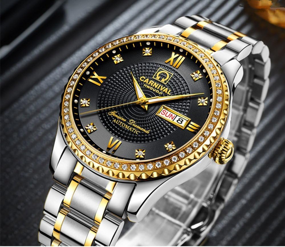 Gosasa Swiss Made Men Luxury Gold Watches,Automatic Analog Display Calendar Week Luminous Gold Stainless Diamond Watches Black