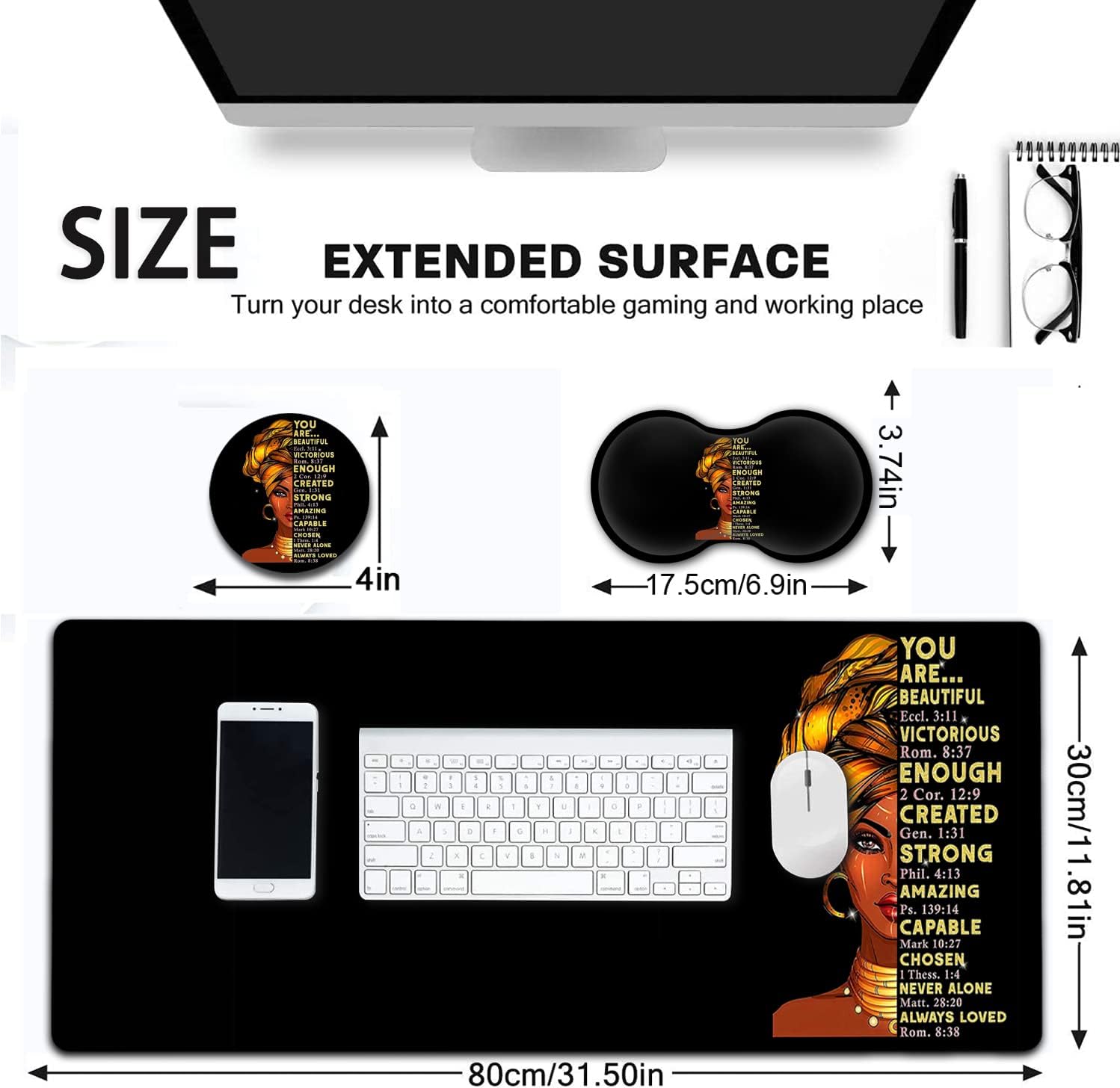 Large Mouse Pad, Extended Office Desk Pad 31.5x11.8in,Ergonomic Memory Foam Mouse Wrist Rest Support for Home Office Computer Writing Pad,African American Black Queen Women XXL Black Gaming Mouse Mat