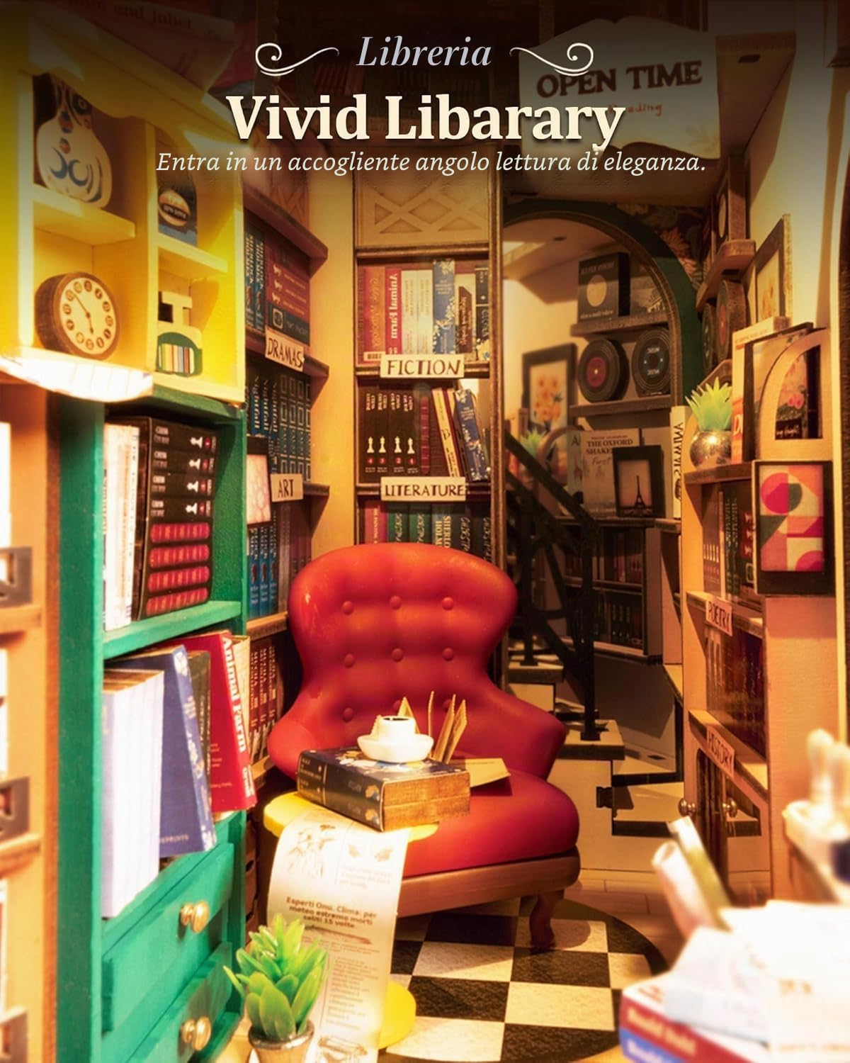 ROBOTIME Book Nook Kit Casa Delle Bambole Booknook in Legno con Luci LED, Miniatura Fai Da Te Modello di Casa Puzzle 3D, Decorazione Scaffale Regalo Di Vacanza (Libreria Shakespeariana)