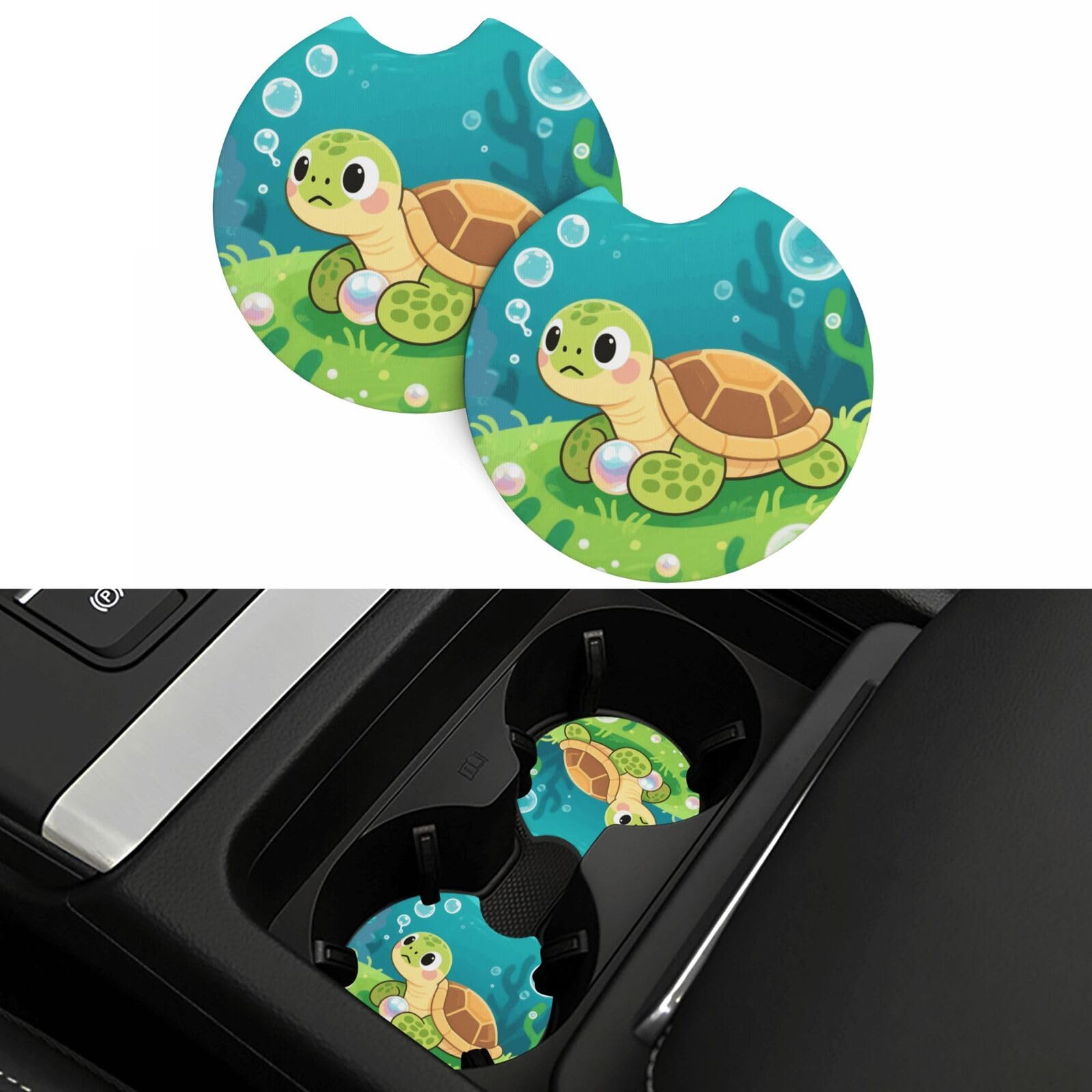2 Pack Car Coasters,2.7" Universal Car Cup Holder Coasters Non-Slip Neoprene Cup Pad Mat Coaster Car Interior Accessories for Women Men Cute Turtles