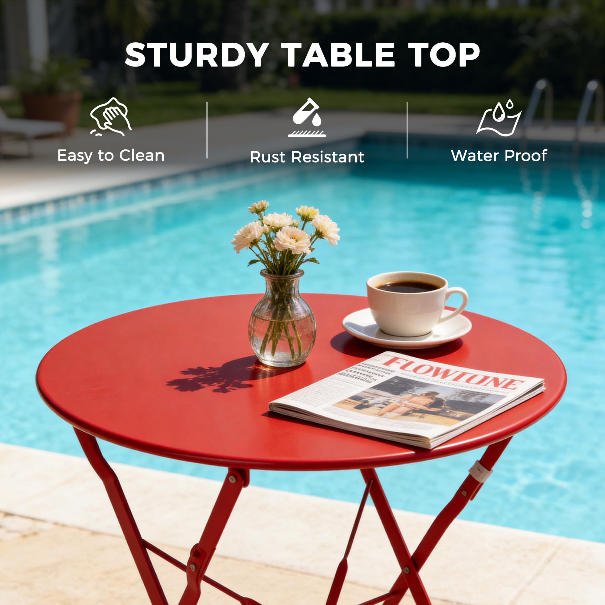 Grand patio Bistro Set 3 Stück, Gartenmöbel Set, Sitzgruppe 2 Stühle und 1 Tisch, Premium Stahl, Klappbar, Balkonset für Hof, Garten, draussen (Rot)