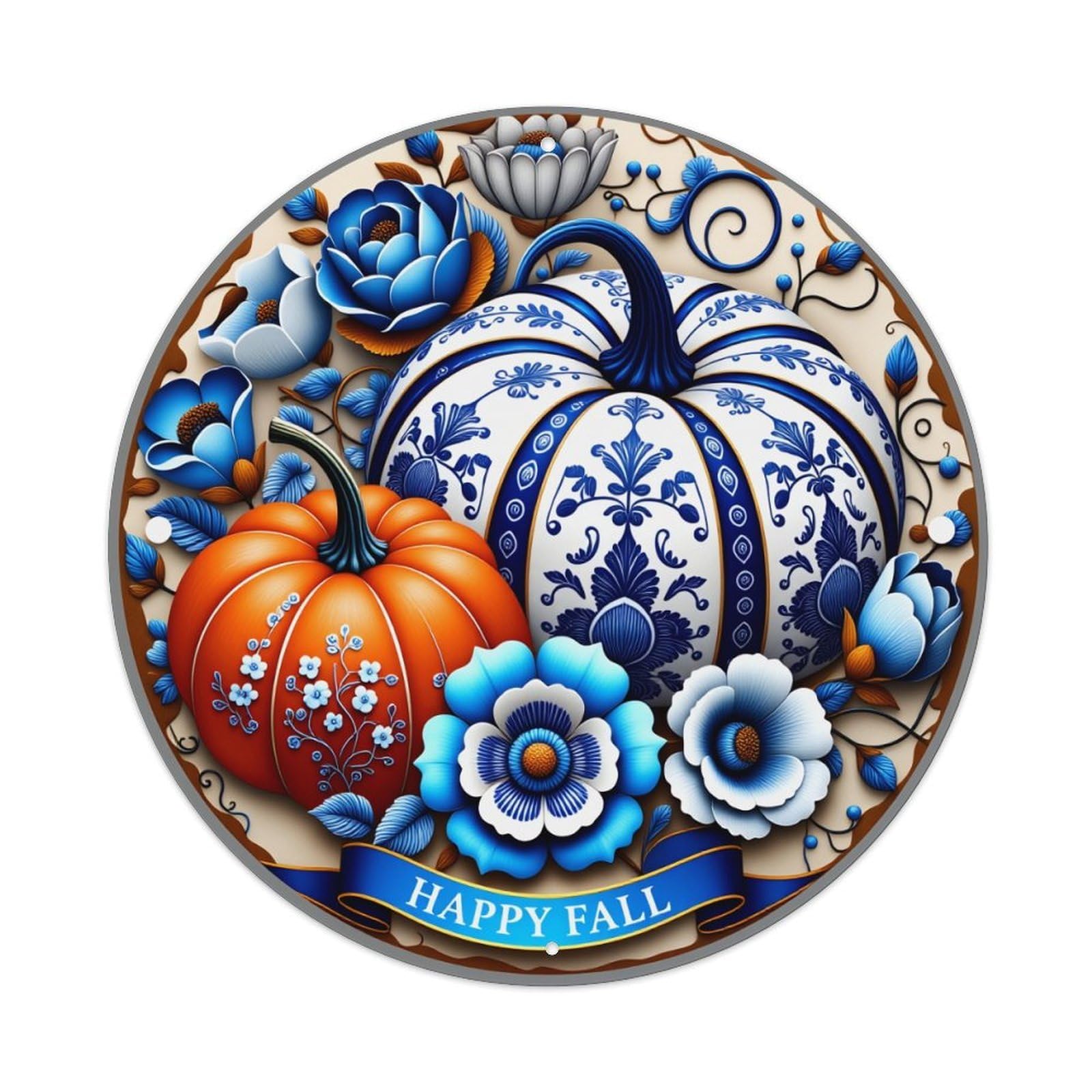Blue And White Floral Pumpkin Vintage Metal Tin Sign Retro Wall Decor for Home Bar Garage Cafe, Indoor & Outdoor Decorative，circle Metal Poster, 8x8 Inch